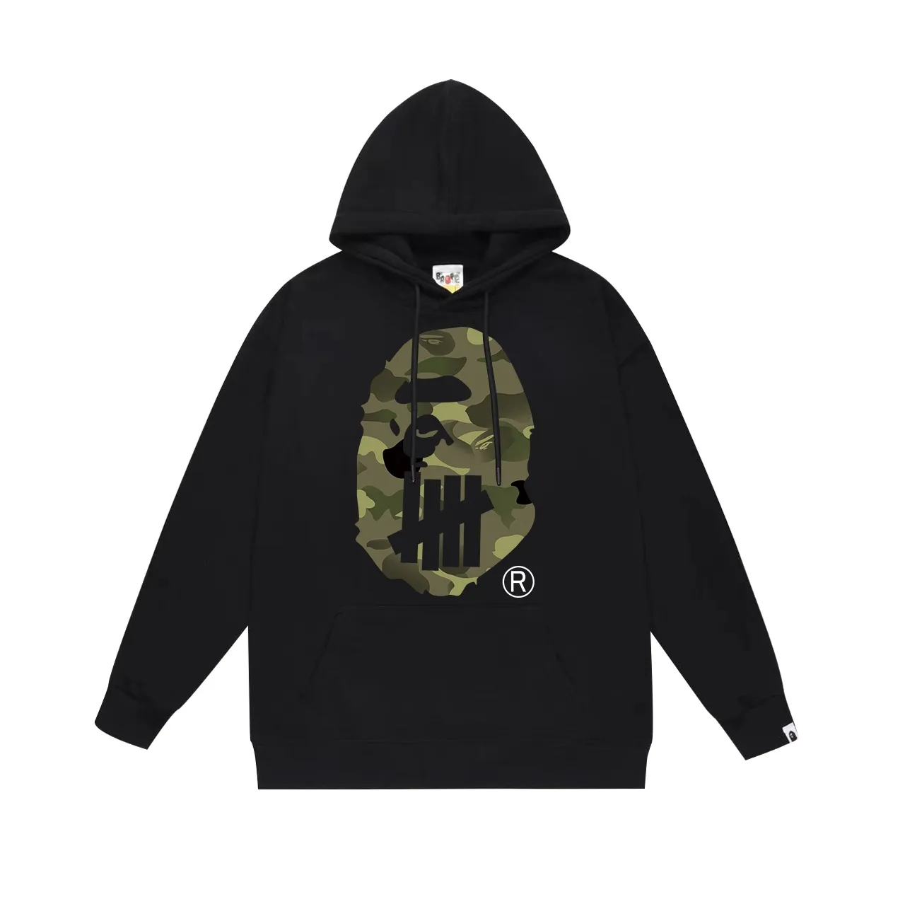 Model No. SC622#terry p160 plus velvet p180💰(top version) BAPE✖️UNDFATED co-branded green camouflage great ape letter printed hooded sweatshirt. Made of 380g large terry 430g silver fox velvet (drop shoulder large version) fabric. The texture is soft and non-pilling. Imported environmentally friendly printing glue. The pattern is bright and three-dimensional. Quality💥Same style for men and women. The upper body is trendy. Color: black white gray Size: S M L XL XXL