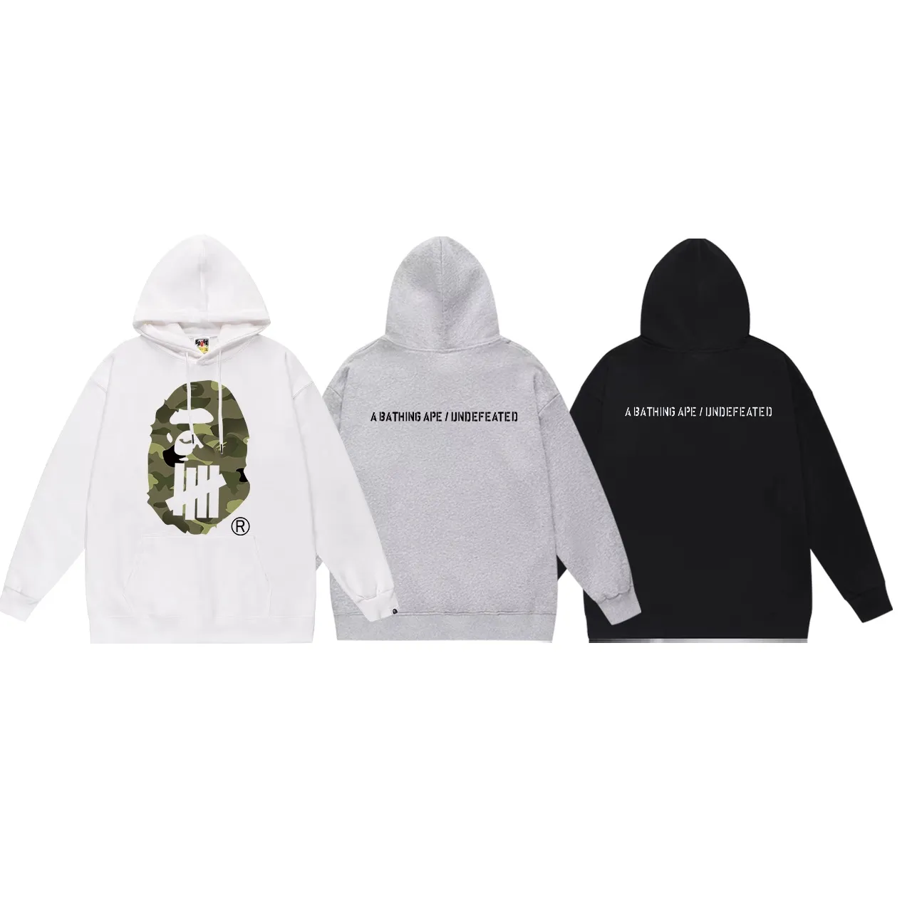 Model No. SC622#terry p160 plus velvet p180💰(top version) BAPE✖️UNDFATED co-branded green camouflage great ape letter printed hooded sweatshirt. Made of 380g large terry 430g silver fox velvet (drop shoulder large version) fabric. The texture is soft and non-pilling. Imported environmentally friendly printing glue. The pattern is bright and three-dimensional. Quality💥Same style for men and women. The upper body is trendy. Color: black white gray Size: S M L XL XXL