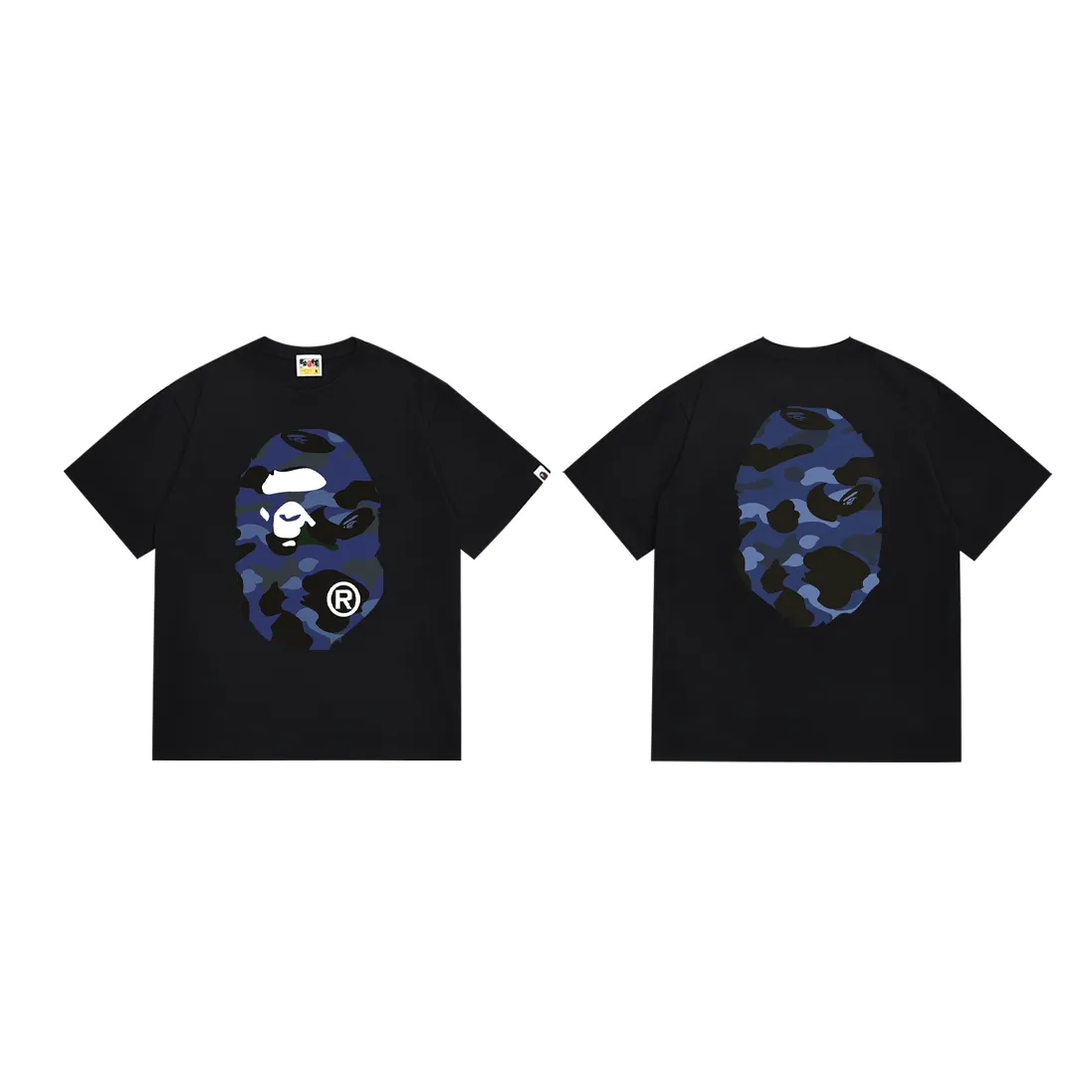 P110 SC060# (top version) BAPE double-sided camouflage ape head printed short-sleeved T-shirt Made of 260 grams of high-quality high-weave pure cotton fabric, double yarn combed, soft and non-pilling, imported environmentally friendly printing glue, bright and three-dimensional pattern, quality 💥Same style for men and women. The upper body is trendy. Color: black and blue, white and blue, size: S M L XL XXL