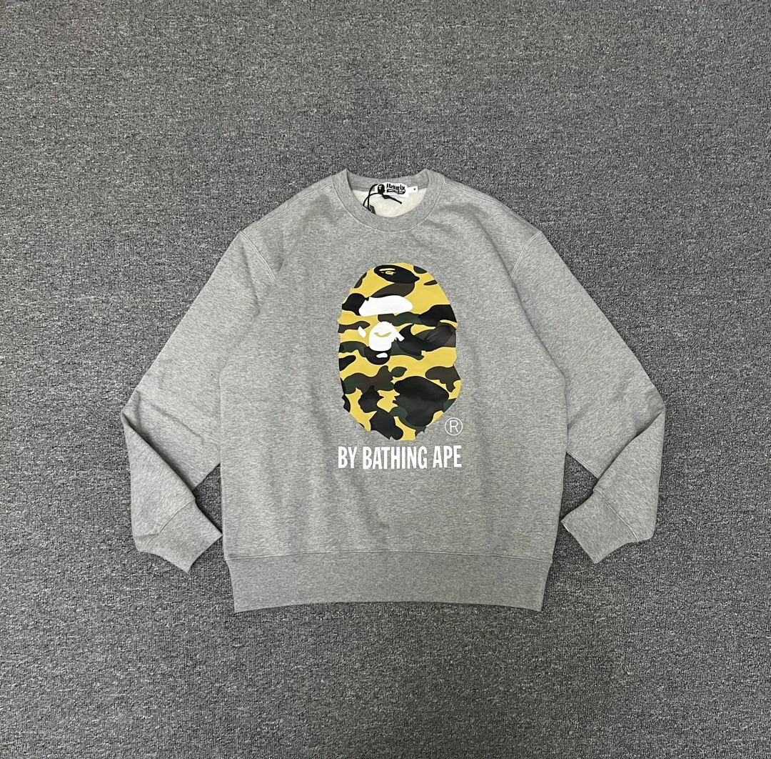 💰250 BAPE camouflage ape head letter print round neck sweatshirt Customized fabric high quality 420g pure cotton weight Couple model: S-XXL [black gray]