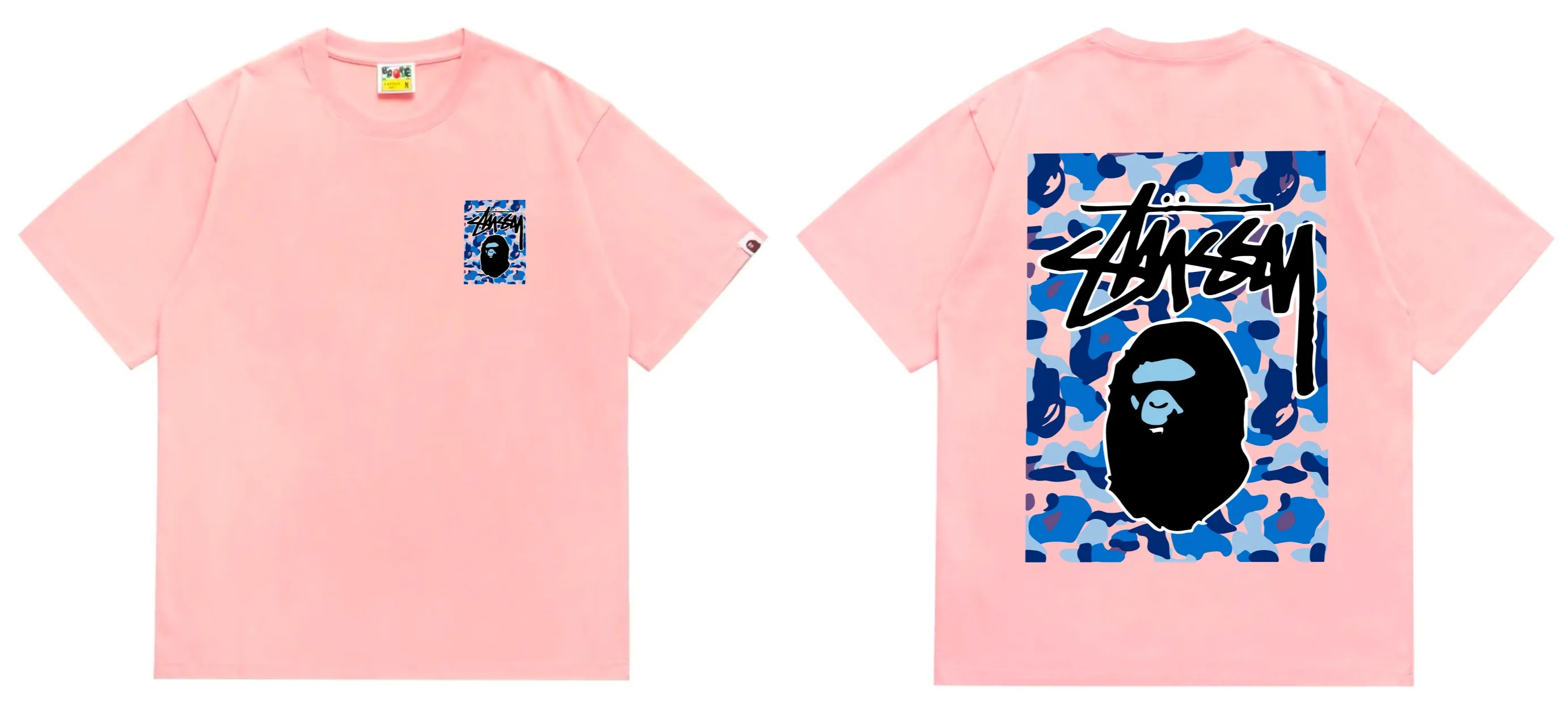 SC203#p110💰 (Top version) BAPE×Stussy co-branded Stussy letter ape print T-shirt Made of 260 grams of high-quality high-weave pure cotton fabric, double yarn combed, soft texture without pilling, imported environmentally friendly printing glue, bright and three-dimensional pattern, quality 💥Same style for men and women, the upper body is fashionable Color: black, blue and white, white, blue and white, pink, blue and white, gray, blue and white, red, blue and white, black, blue and black, white, blue and black Pink blue black Gray blue black Red blue black Size: S M L XL XXL