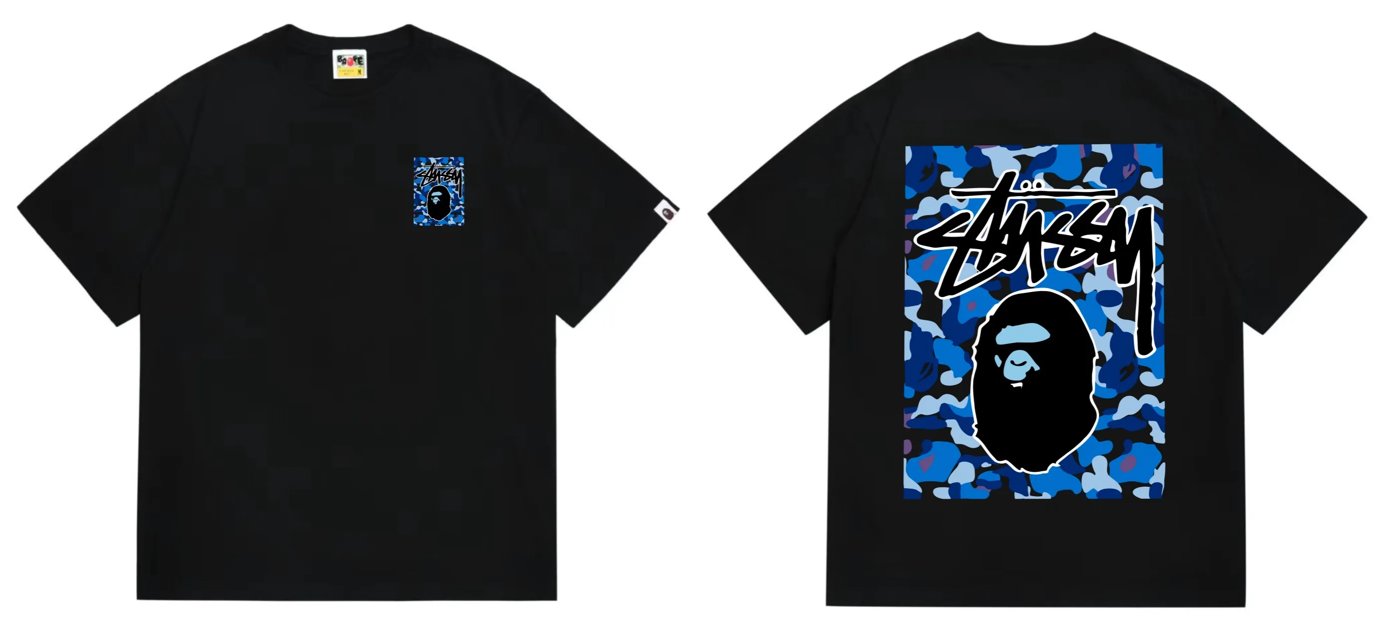 SC203#p110💰 (Top version) BAPE×Stussy co-branded Stussy letter ape print T-shirt Made of 260 grams of high-quality high-weave pure cotton fabric, double yarn combed, soft texture without pilling, imported environmentally friendly printing glue, bright and three-dimensional pattern, quality 💥Same style for men and women, the upper body is fashionable Color: black, blue and white, white, blue and white, pink, blue and white, gray, blue and white, red, blue and white, black, blue and black, white, blue and black Pink blue black Gray blue black Red blue black Size: S M L XL XXL