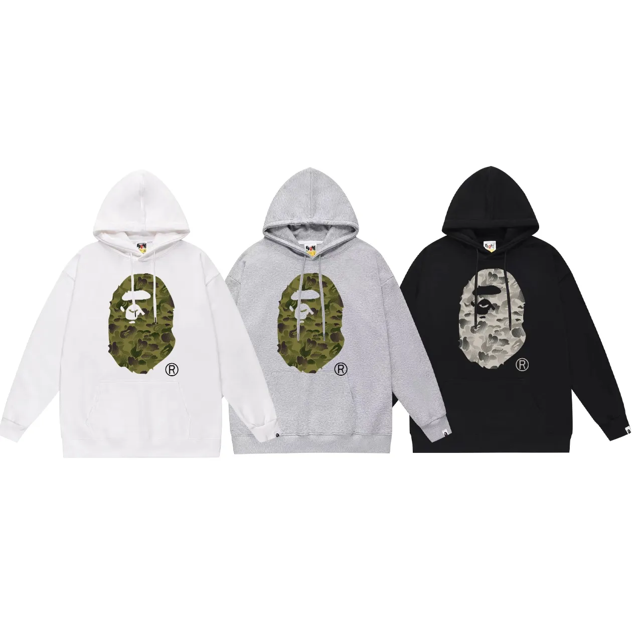 Model No. SC642# terry p160 plus velvet p180💰 (top version) BAPE 10th anniversary limited ink camouflage great ape print hooded sweatshirt. Made of 380g large terry 430g silver fox velvet (off-shoulder large version) fabric. The texture is soft and non-pilling. Imported environmentally friendly printing glue. The pattern is bright and three-dimensional. Quality💥Same style for men and women. The upper body is trendy. Color: black white gray Size: S M L XL XXL