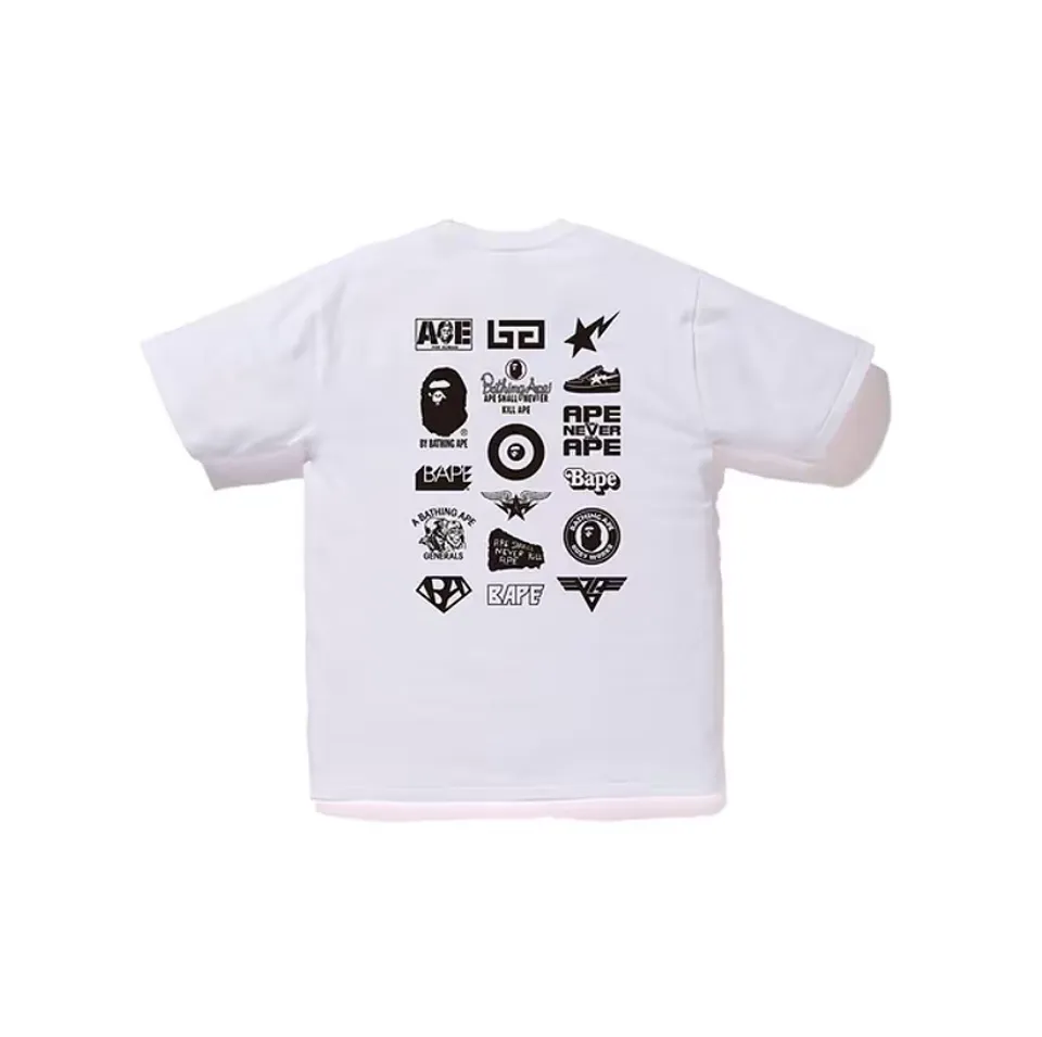 P110 00133 A BATHING APE BAPE Badge printing on the back, Ape Man short-sleeved T-shirt, same style for men and women, size smlxlxxl, black and white