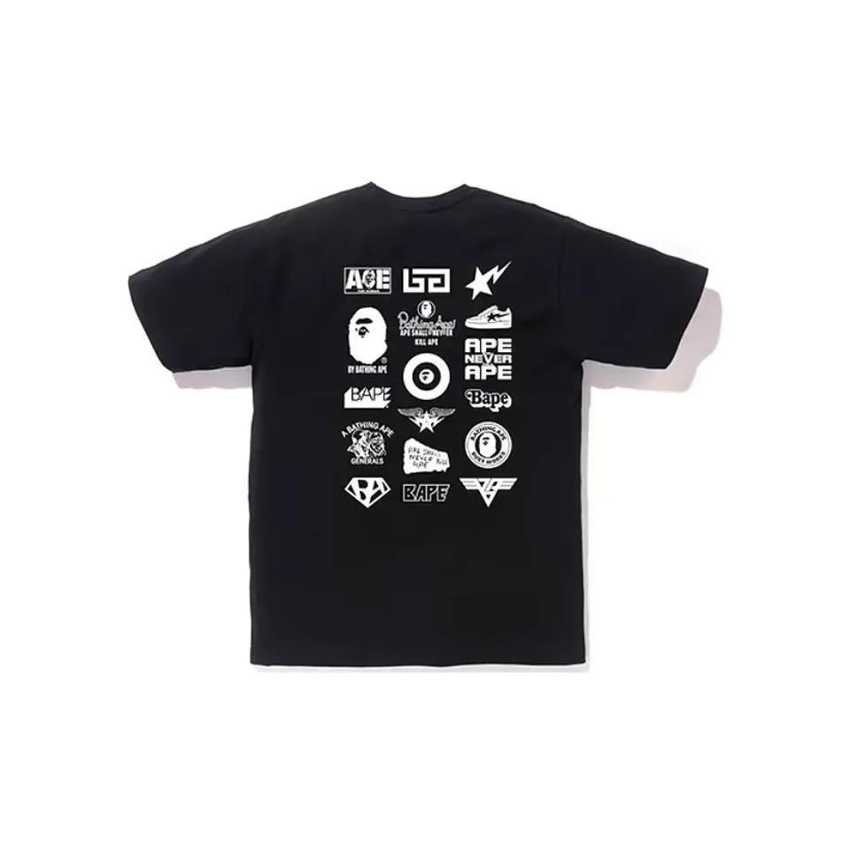 P110 00133 A BATHING APE BAPE Badge printing on the back, Ape Man short-sleeved T-shirt, same style for men and women, size smlxlxxl, black and white
