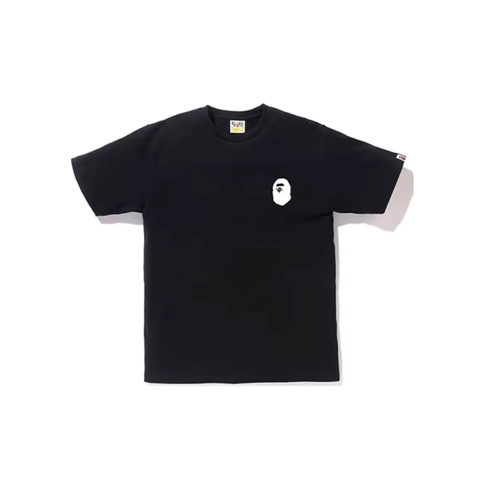 P110 00133 A BATHING APE BAPE Badge printing on the back, Ape Man short-sleeved T-shirt, same style for men and women, size smlxlxxl, black and white