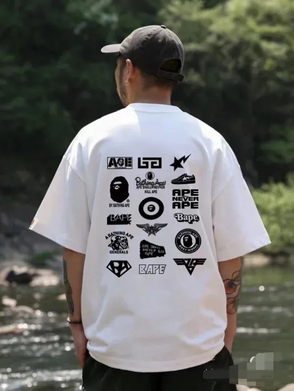 P110 00133 A BATHING APE BAPE Badge printing on the back, Ape Man short-sleeved T-shirt, same style for men and women, size smlxlxxl, black and white