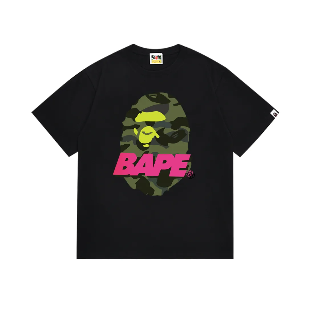 P110 SC024# (top version) BAPE camouflage ape head pattern contrast letter printed short-sleeved T-shirt Made of 260 grams of high-quality high-weave pure cotton fabric, double yarn combed, soft texture and no pilling Imported environmentally friendly printing glue The pattern is bright and three-dimensional Quality 💥Same style for men and women The upper body is trendy Color: Black White Size: S M L XL XXL