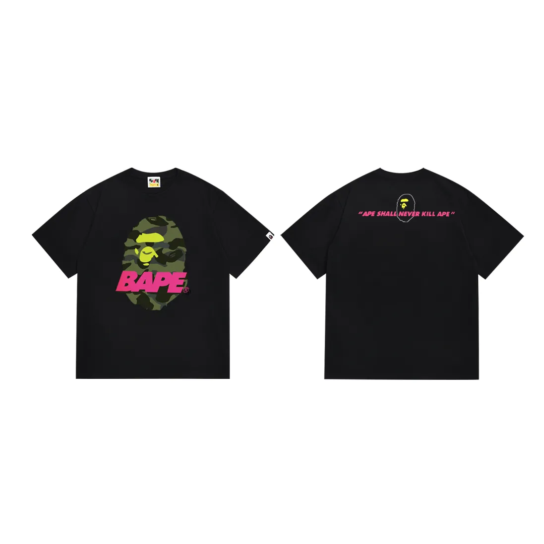 P110 SC024# (top version) BAPE camouflage ape head pattern contrast letter printed short-sleeved T-shirt Made of 260 grams of high-quality high-weave pure cotton fabric, double yarn combed, soft texture and no pilling Imported environmentally friendly printing glue The pattern is bright and three-dimensional Quality 💥Same style for men and women The upper body is trendy Color: Black White Size: S M L XL XXL