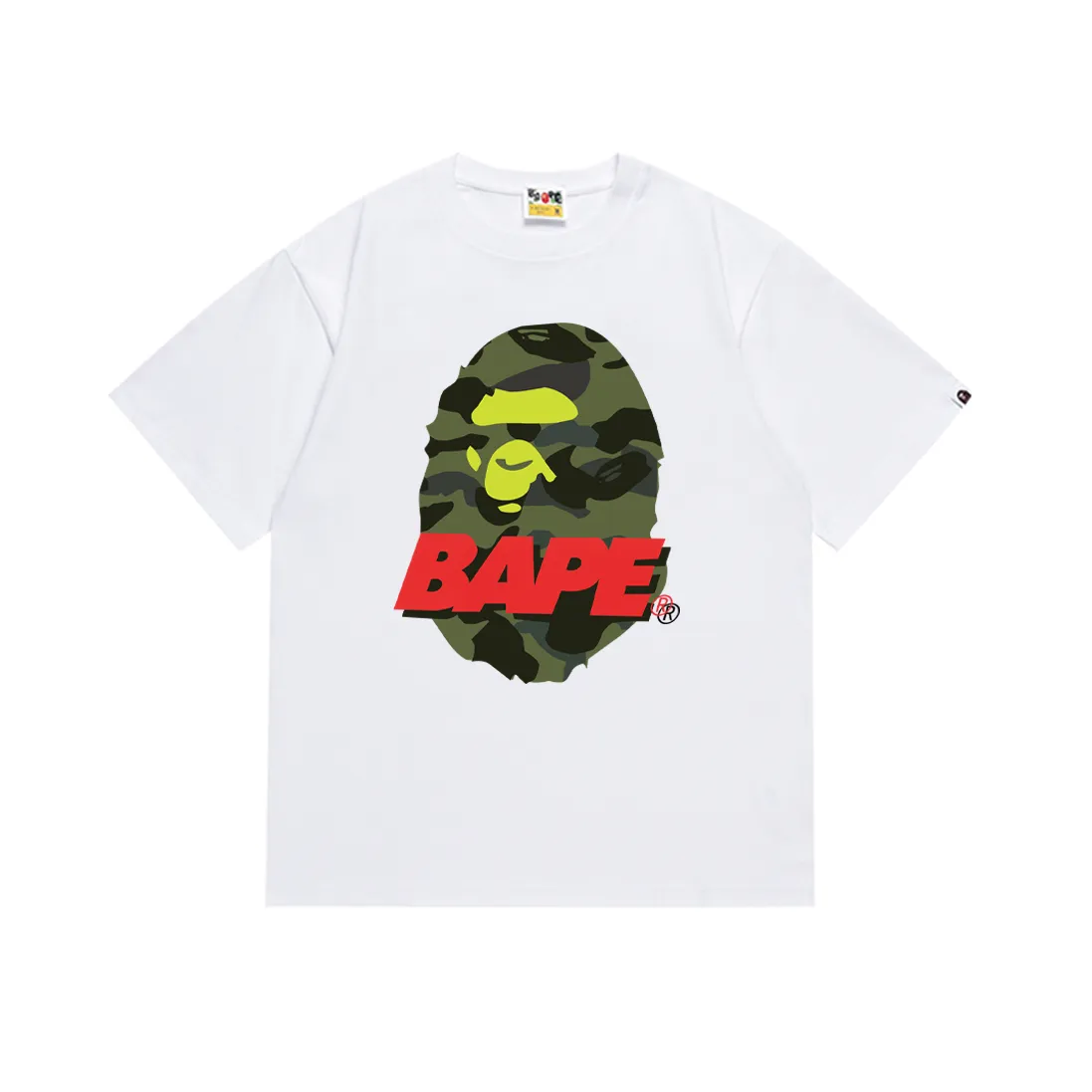 P110 SC024# (top version) BAPE camouflage ape head pattern contrast letter printed short-sleeved T-shirt Made of 260 grams of high-quality high-weave pure cotton fabric, double yarn combed, soft texture and no pilling Imported environmentally friendly printing glue The pattern is bright and three-dimensional Quality 💥Same style for men and women The upper body is trendy Color: Black White Size: S M L XL XXL