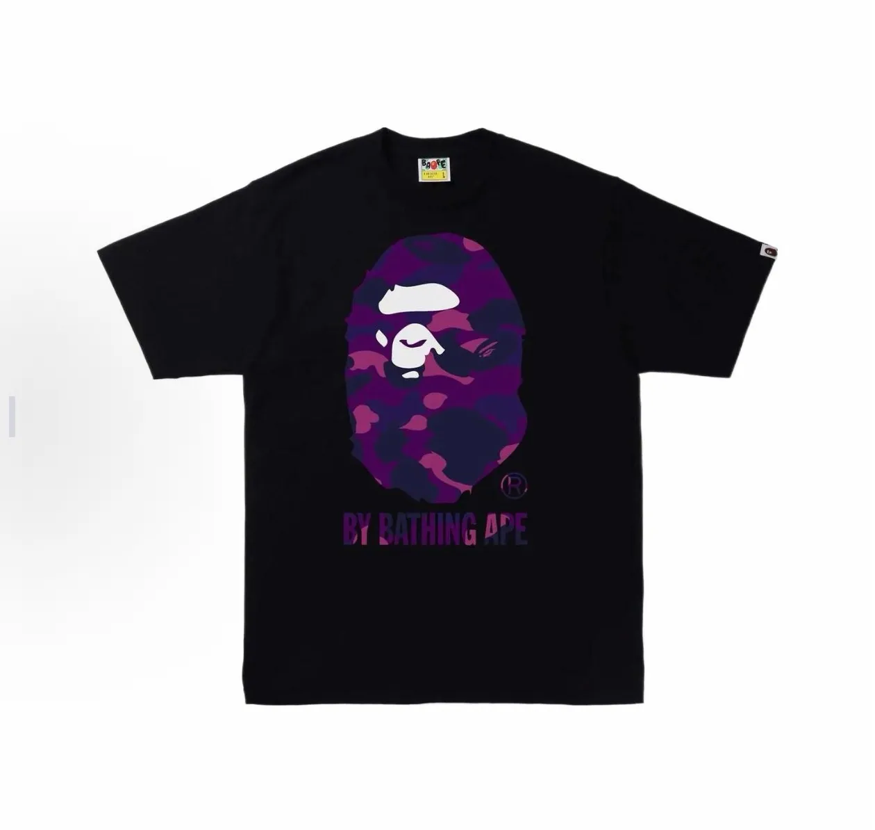 P110 001210 BAPE Color Camo By Bathing Ape Tee Ape Logo printed round neck short-sleeved T-shirt, same style for men and women, size smlxlxxl, black and blue, white and blue, black and purple, white and purple, black and red, white and red
