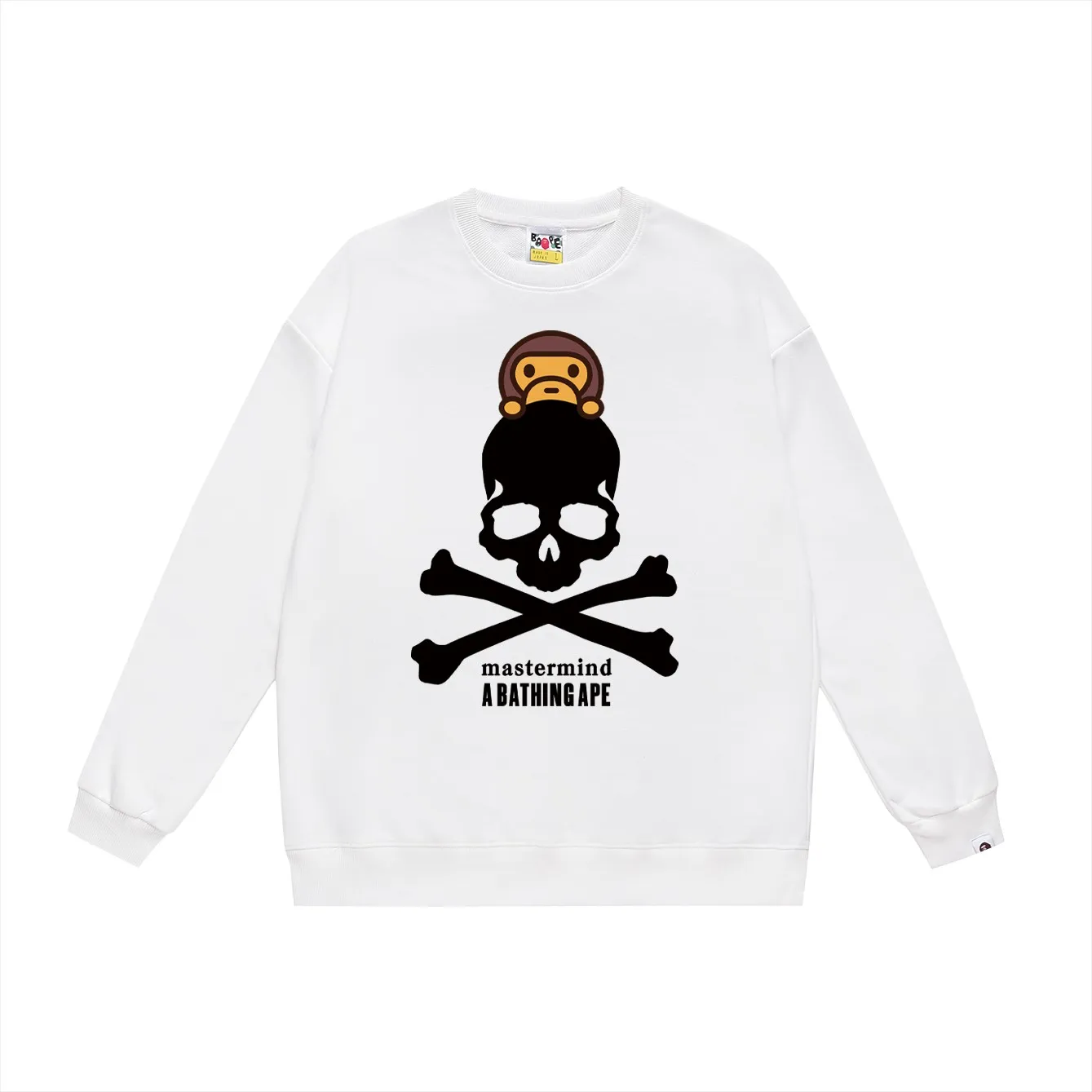 P150 model number SC477# terry 75 plus velvet 80 (top version) BAPE skull head ape monkey cartoon animation round neck sweatshirt Made of 350 grams of large terry (drop shoulder large version) fabric, soft texture and no pilling Imported environmentally friendly printing glue The pattern is bright and three-dimensional Quality 💥Same style for men and women The upper body is trendy Color: black white gray Size: S M L XL XXL