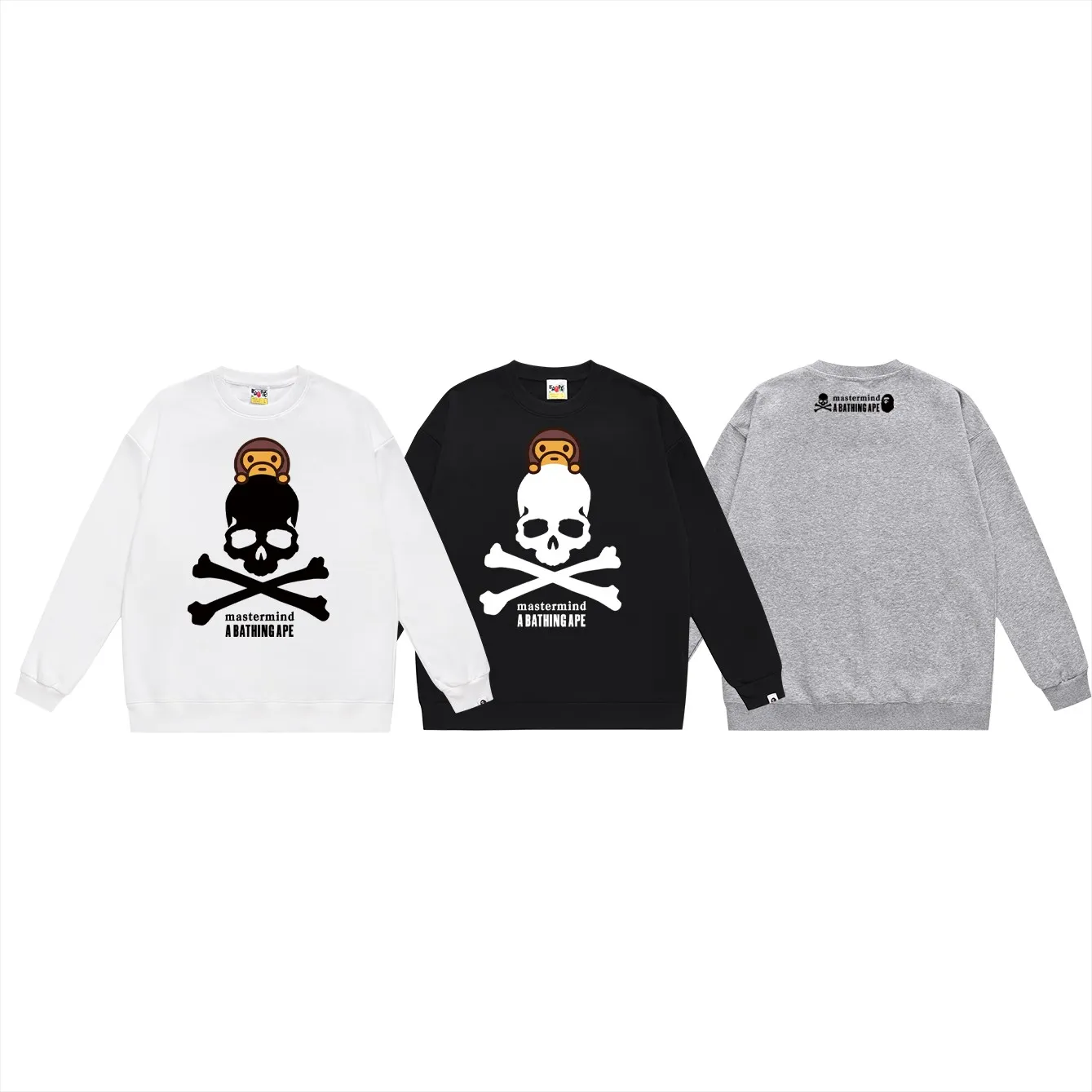 P150 model number SC477# terry 75 plus velvet 80 (top version) BAPE skull head ape monkey cartoon animation round neck sweatshirt Made of 350 grams of large terry (drop shoulder large version) fabric, soft texture and no pilling Imported environmentally friendly printing glue The pattern is bright and three-dimensional Quality 💥Same style for men and women The upper body is trendy Color: black white gray Size: S M L XL XXL