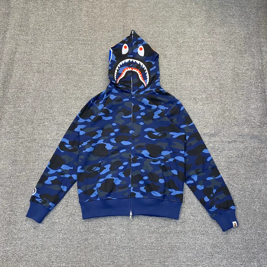 💰380 BAPE 1ST CAMO SHARK FULL Classic counter model Camouflage shark hooded zipper sweatshirt Machine-printed camouflage Top-quality fabric High-end 1:1 replica Customized fabric Couple model: S—XXL [Camouflage yellow, Camouflage green, Camouflage red, Camouflage purple, Camouflage blue, Camouflage gray]