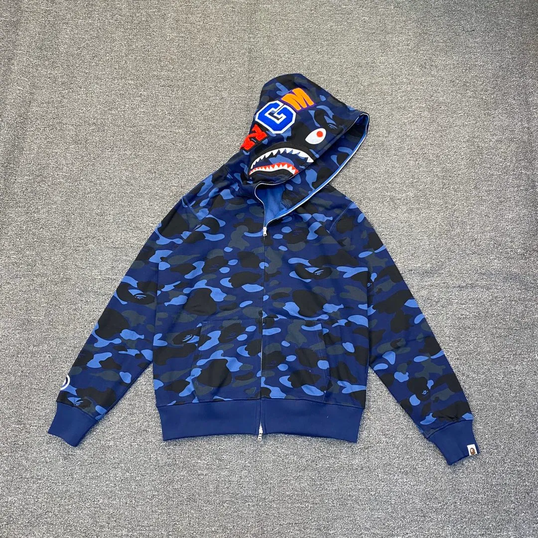 💰380 BAPE 1ST CAMO SHARK FULL Classic counter model Camouflage shark hooded zipper sweatshirt Machine-printed camouflage Top-quality fabric High-end 1:1 replica Customized fabric Couple model: S—XXL [Camouflage yellow, Camouflage green, Camouflage red, Camouflage purple, Camouflage blue, Camouflage gray]