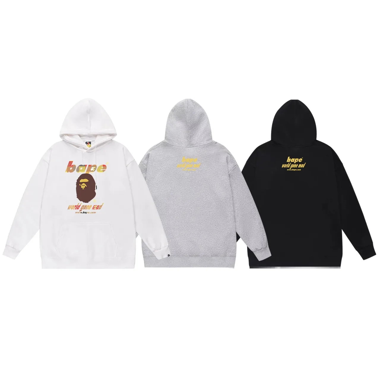 Model No. SC671#terry p160 plus velvet p180💰 (top version) BAPE ape-man head classic letter print hooded sweatshirt. Made of 380g large terry 430g silver fox velvet (drop shoulder large version) fabric. The texture is soft and non-pilling. Imported environmentally friendly printing glue. The pattern is bright and three-dimensional. Quality💥Same style for men and women. The upper body is trendy. Color: black white gray Size: S M L XL XXL