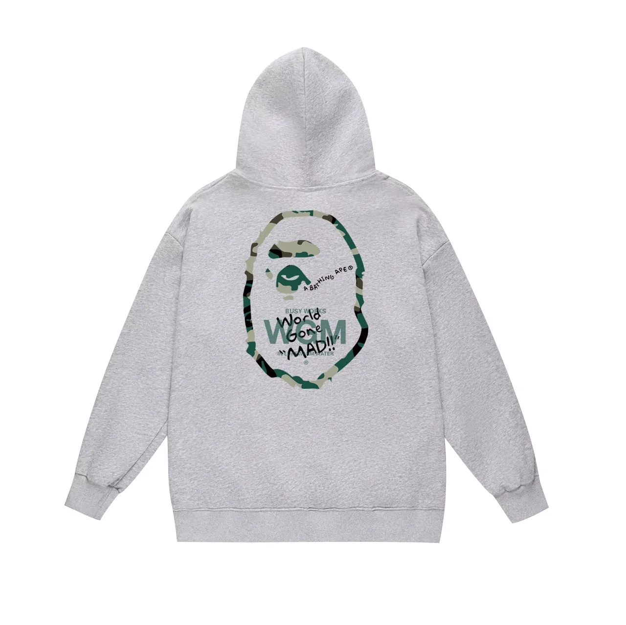 Model No. SC641# Terry p160 plus velvet p180💰 (top version) BAPE WOODLAND CAMO WGM forest camouflage ape letter printed hooded sweatshirt. Made of 380g large terry 430g silver fox velvet (drop shoulder large version) fabric. The texture is soft and non-pilling. Imported environmentally friendly printing glue. The pattern is bright and three-dimensional. Quality💥Same style for men and women. The upper body is trendy. Color: black white gray Size: S M L XL XXL