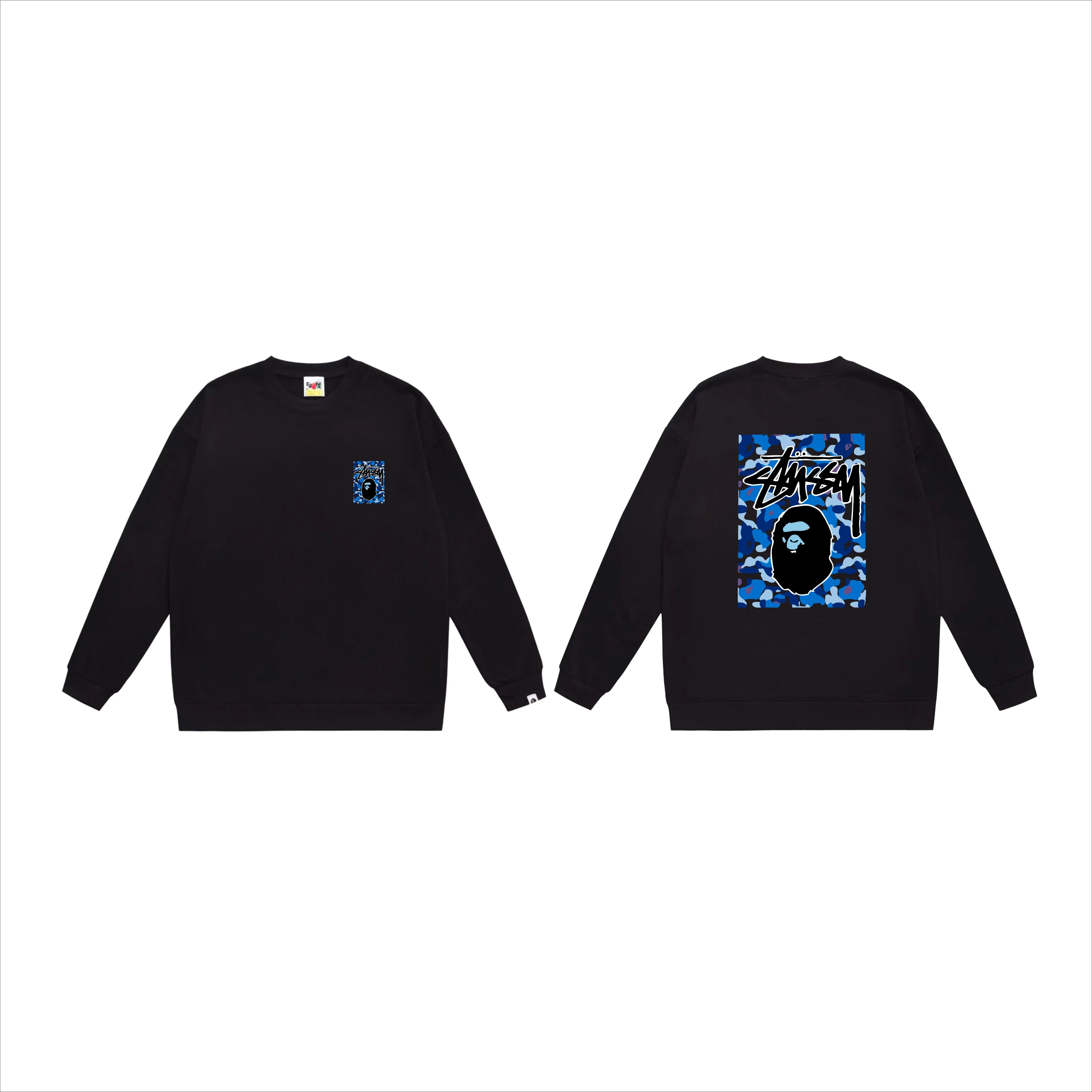 P150 model number SC503# terry 75 plus velvet 80 (top version) BAPE×STUSSY co-branded Stussy letter round neck sweatshirt Made of 350g large terry (drop shoulder large version) fabric, soft and non-pilling, imported environmentally friendly printing glue, bright and three-dimensional pattern, quality 💥Same style for men and women, the upper body is trendy Color: black, blue and white, white, blue and white, gray, blue and white, black, blue and black, white, blue and black, gray, blue and black Size: S M L XL XXL