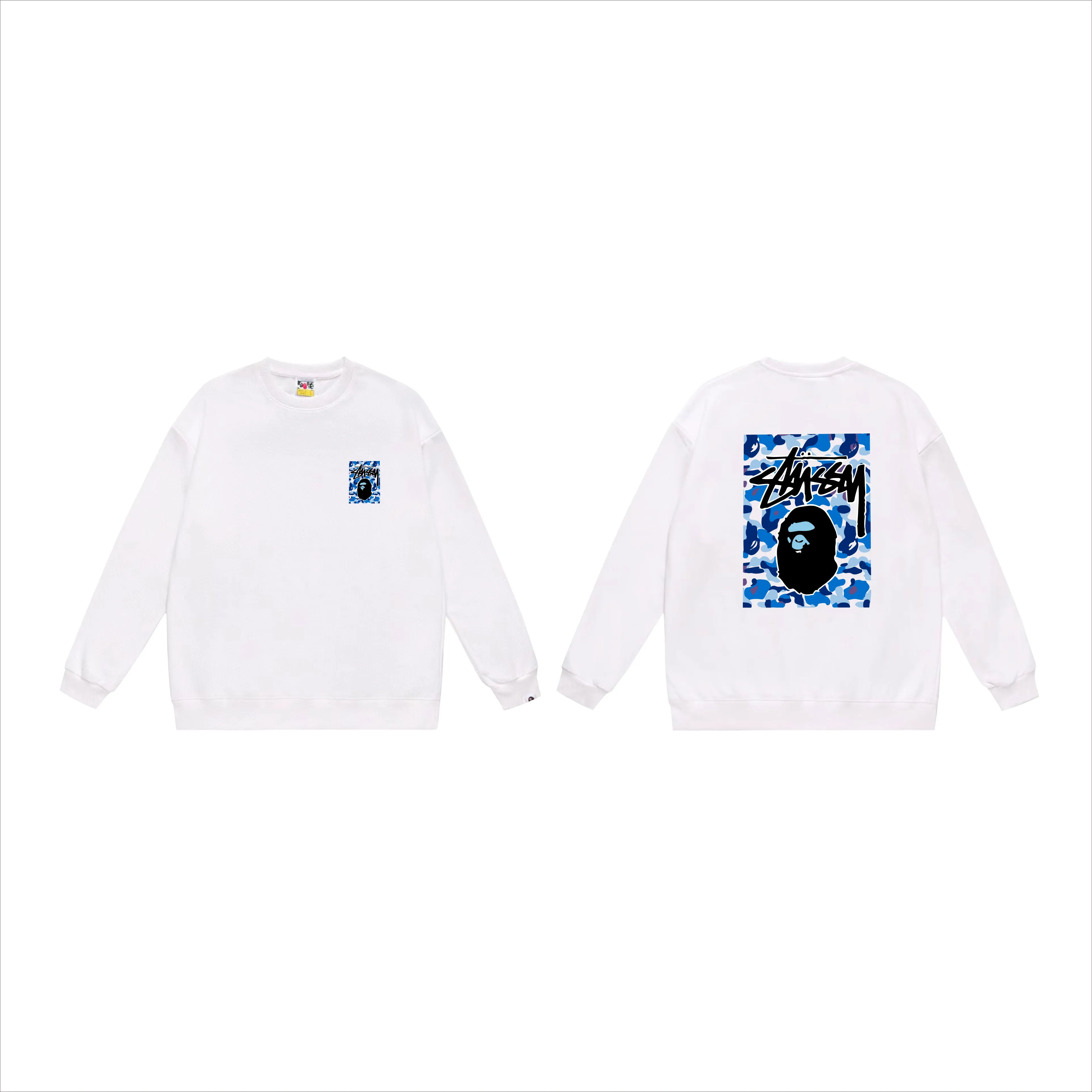 P150 model number SC503# terry 75 plus velvet 80 (top version) BAPE×STUSSY co-branded Stussy letter round neck sweatshirt Made of 350g large terry (drop shoulder large version) fabric, soft and non-pilling, imported environmentally friendly printing glue, bright and three-dimensional pattern, quality 💥Same style for men and women, the upper body is trendy Color: black, blue and white, white, blue and white, gray, blue and white, black, blue and black, white, blue and black, gray, blue and black Size: S M L XL XXL