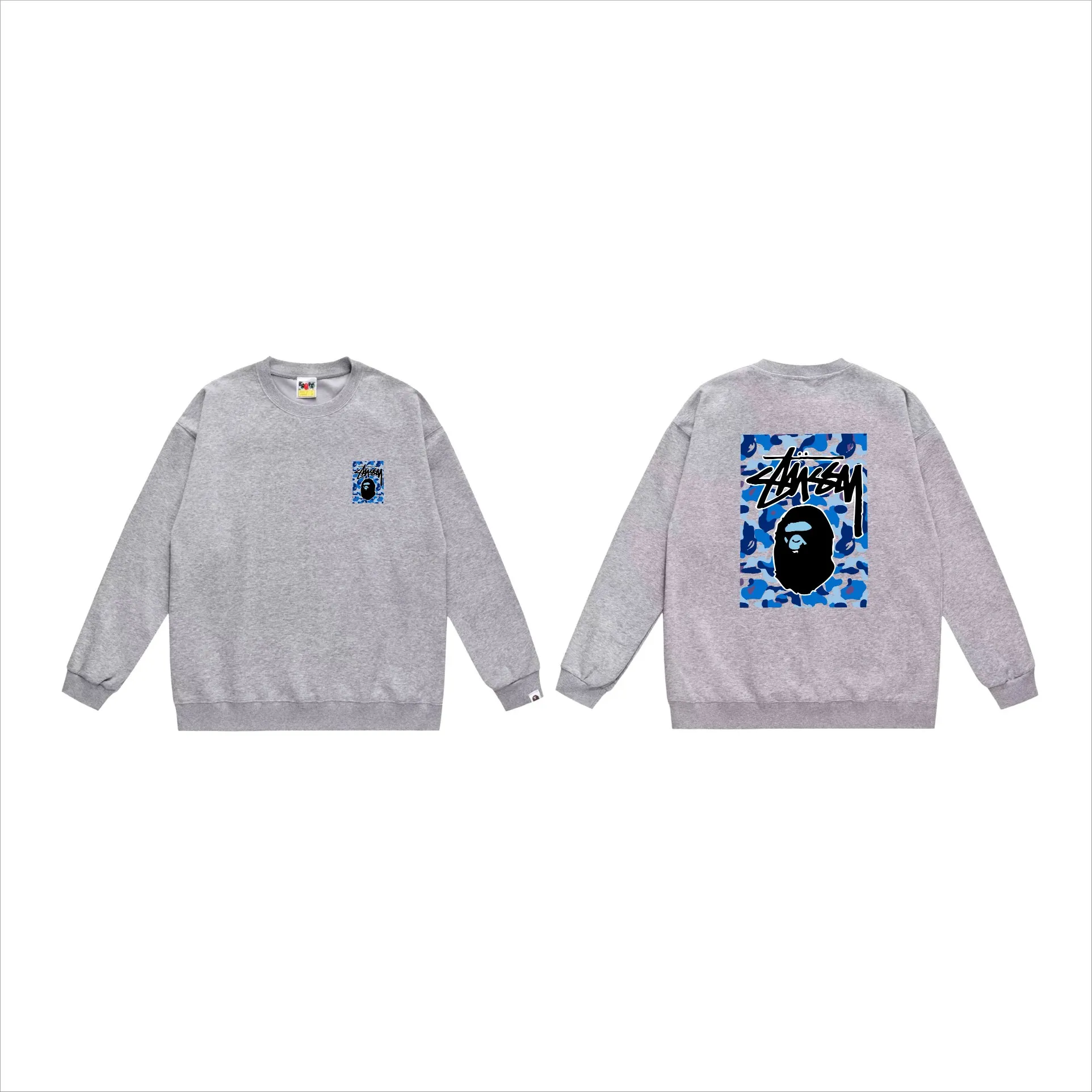 P150 model number SC503# terry 75 plus velvet 80 (top version) BAPE×STUSSY co-branded Stussy letter round neck sweatshirt Made of 350g large terry (drop shoulder large version) fabric, soft and non-pilling, imported environmentally friendly printing glue, bright and three-dimensional pattern, quality 💥Same style for men and women, the upper body is trendy Color: black, blue and white, white, blue and white, gray, blue and white, black, blue and black, white, blue and black, gray, blue and black Size: S M L XL XXL
