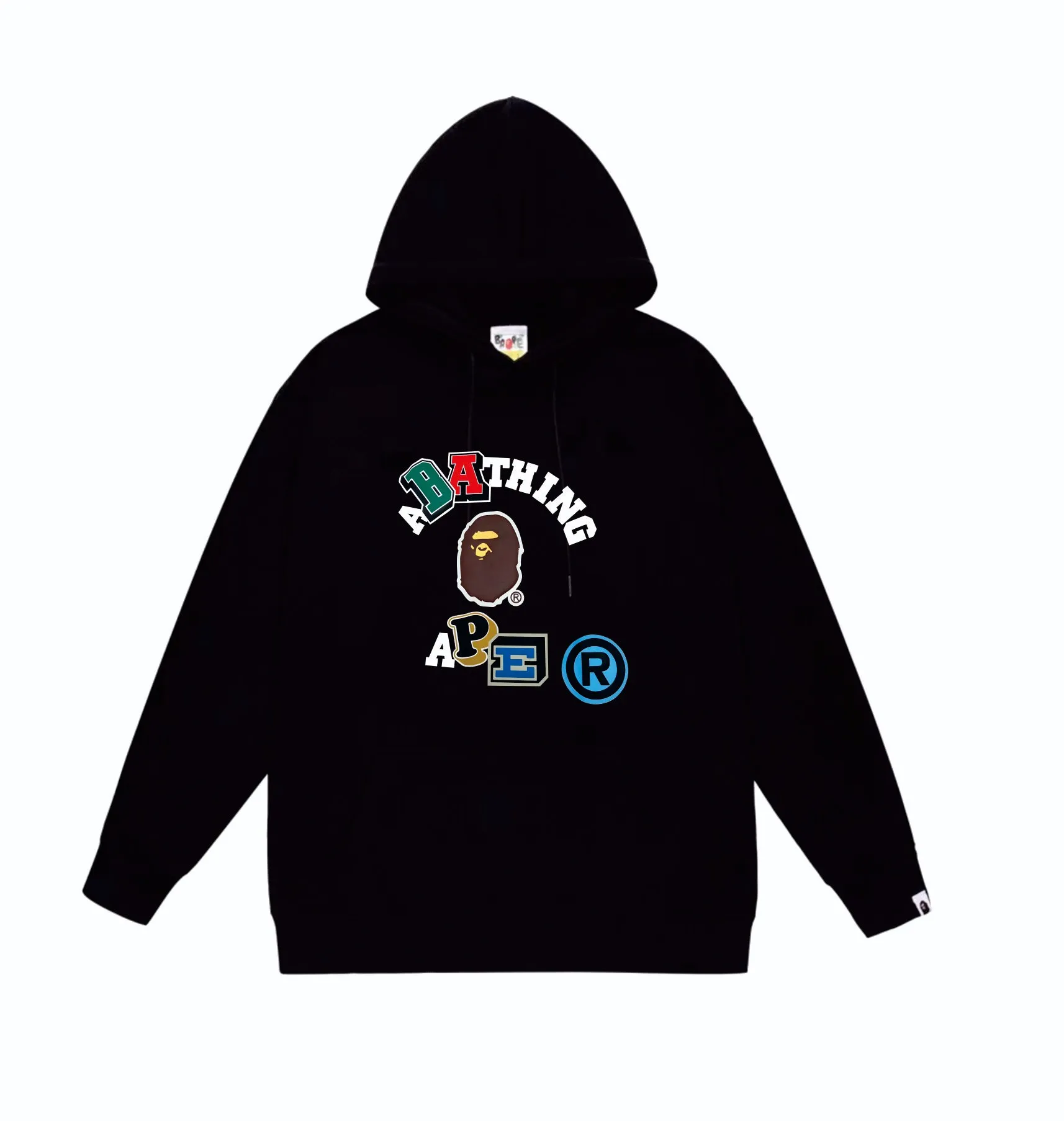P160 model number SC844# terry 80 plus velvet 90 (top version) BAPE colorful letter ape head letter print pattern hooded sweatshirt. Made of 380g large terry (drop shoulder large version) fabric. The texture is soft and non-pilling. Imported environmentally friendly printing glue. The pattern is bright and three-dimensional. Quality 💥Same style for men and women. The upper body is trendy. Color: black white gray Size: S M L XL XXL