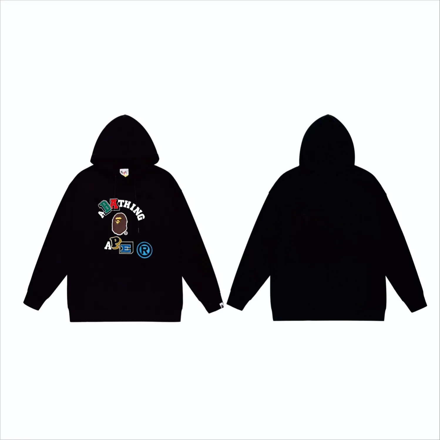 P160 model number SC844# terry 80 plus velvet 90 (top version) BAPE colorful letter ape head letter print pattern hooded sweatshirt. Made of 380g large terry (drop shoulder large version) fabric. The texture is soft and non-pilling. Imported environmentally friendly printing glue. The pattern is bright and three-dimensional. Quality 💥Same style for men and women. The upper body is trendy. Color: black white gray Size: S M L XL XXL