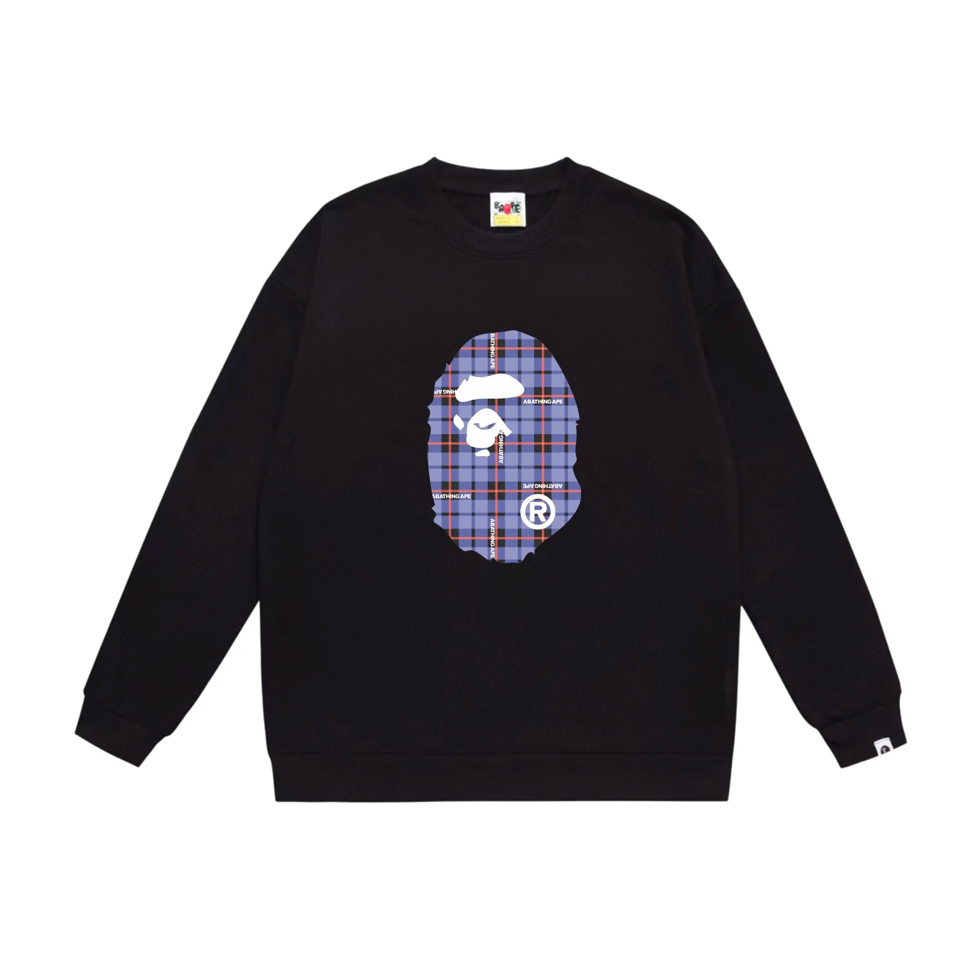 P150 model number SC525# terry 75 plus velvet 80 (top version) BAPE ape head plaid pattern printed round neck sweatshirt Made of 350g large terry (drop shoulder large version) fabric, soft and non-pilling, imported environmentally friendly printing glue, bright and three-dimensional pattern, quality 💥Same style for men and women, the upper body is fashionable Color: black white gray Size: S M L XL XXL