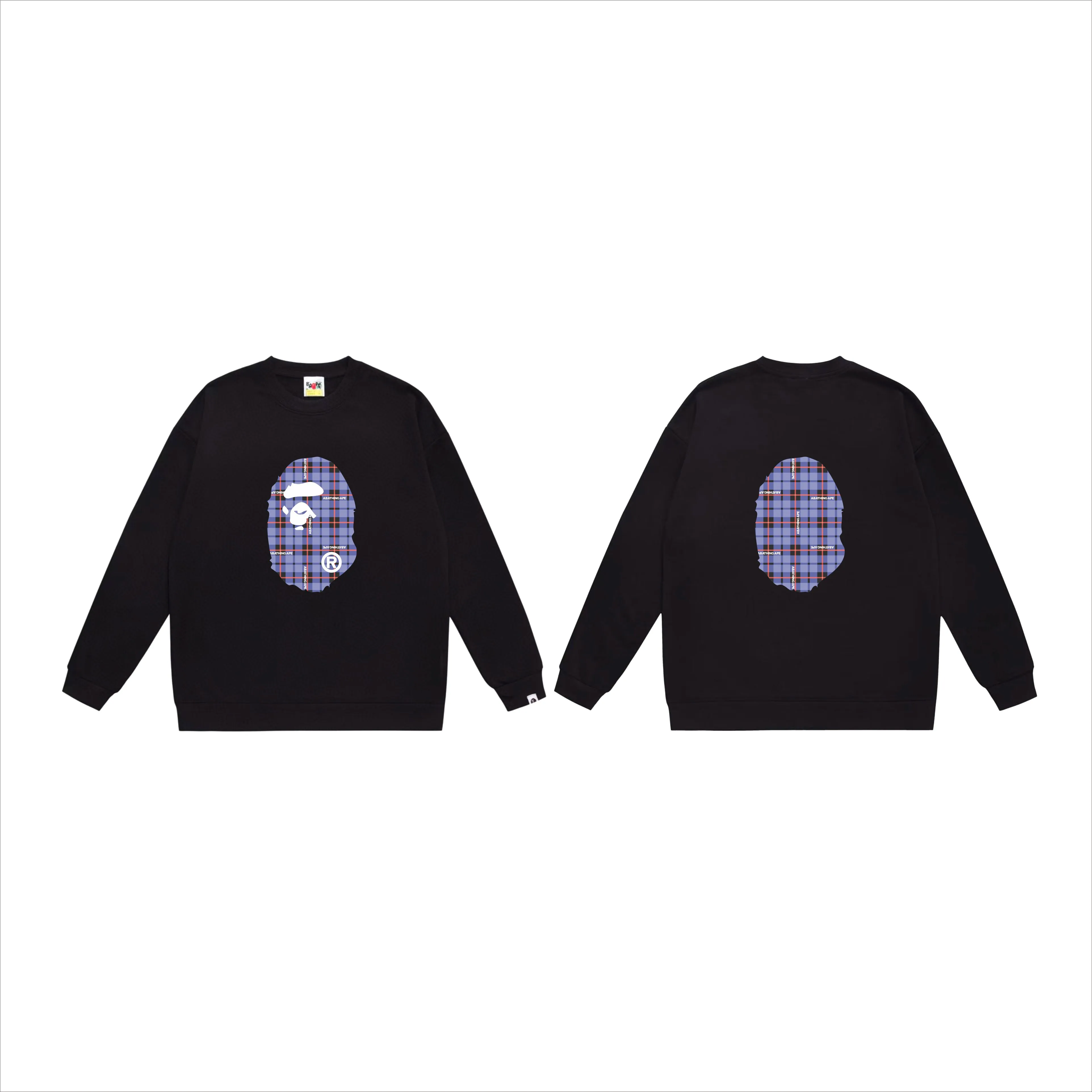 P150 model number SC525# terry 75 plus velvet 80 (top version) BAPE ape head plaid pattern printed round neck sweatshirt Made of 350g large terry (drop shoulder large version) fabric, soft and non-pilling, imported environmentally friendly printing glue, bright and three-dimensional pattern, quality 💥Same style for men and women, the upper body is fashionable Color: black white gray Size: S M L XL XXL