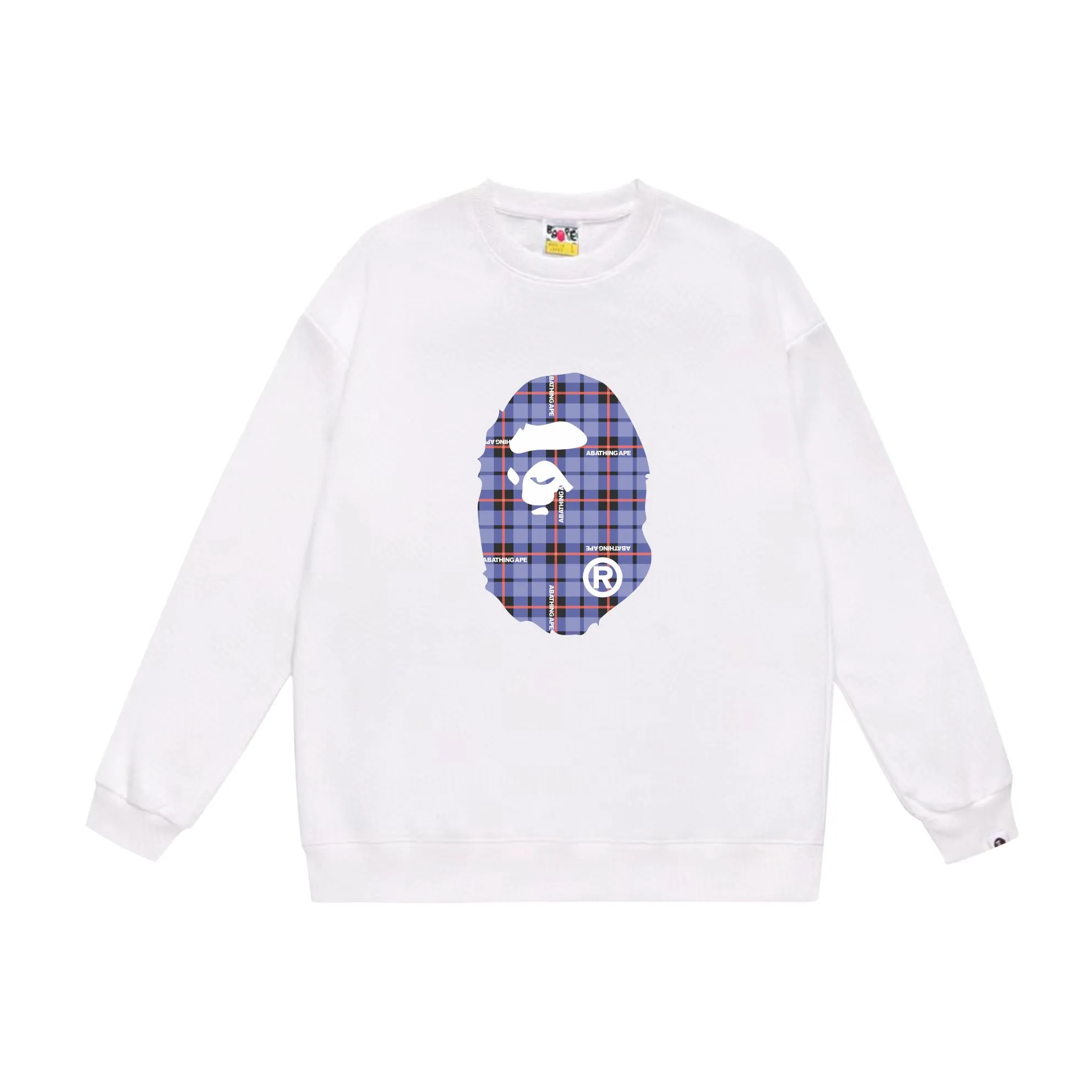 P150 model number SC525# terry 75 plus velvet 80 (top version) BAPE ape head plaid pattern printed round neck sweatshirt Made of 350g large terry (drop shoulder large version) fabric, soft and non-pilling, imported environmentally friendly printing glue, bright and three-dimensional pattern, quality 💥Same style for men and women, the upper body is fashionable Color: black white gray Size: S M L XL XXL