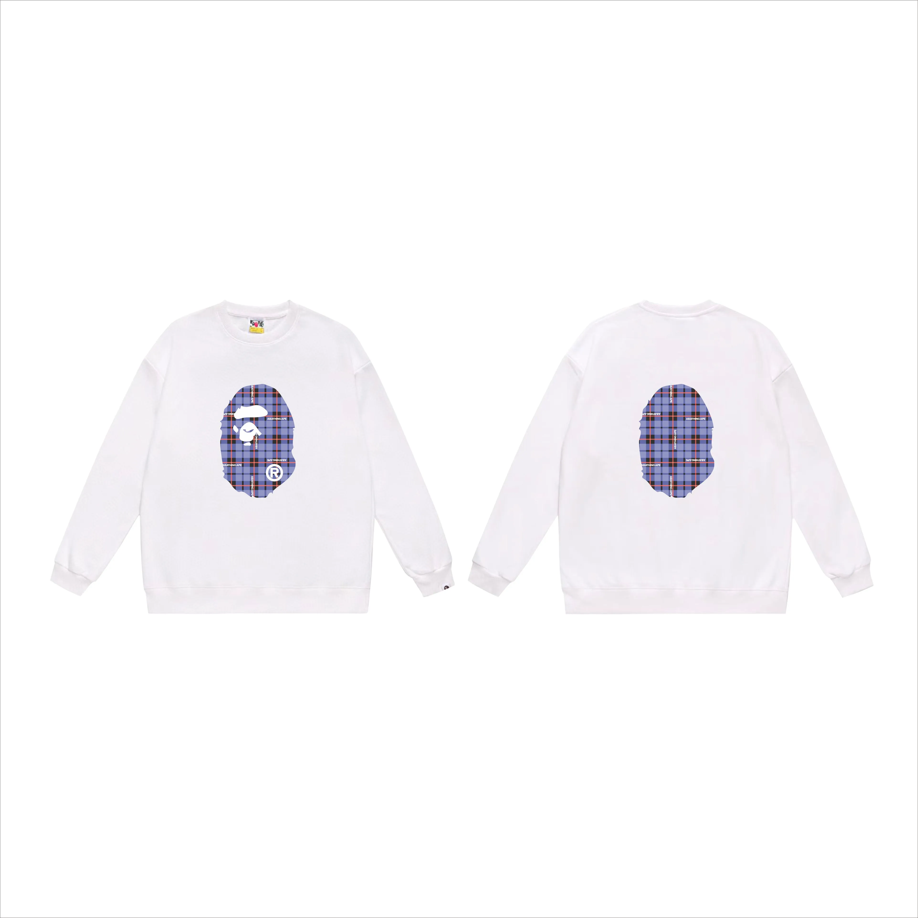 P150 model number SC525# terry 75 plus velvet 80 (top version) BAPE ape head plaid pattern printed round neck sweatshirt Made of 350g large terry (drop shoulder large version) fabric, soft and non-pilling, imported environmentally friendly printing glue, bright and three-dimensional pattern, quality 💥Same style for men and women, the upper body is fashionable Color: black white gray Size: S M L XL XXL