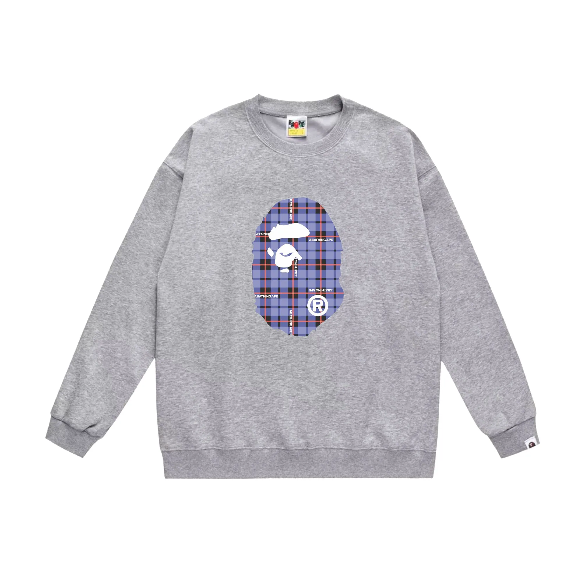 P150 model number SC525# terry 75 plus velvet 80 (top version) BAPE ape head plaid pattern printed round neck sweatshirt Made of 350g large terry (drop shoulder large version) fabric, soft and non-pilling, imported environmentally friendly printing glue, bright and three-dimensional pattern, quality 💥Same style for men and women, the upper body is fashionable Color: black white gray Size: S M L XL XXL