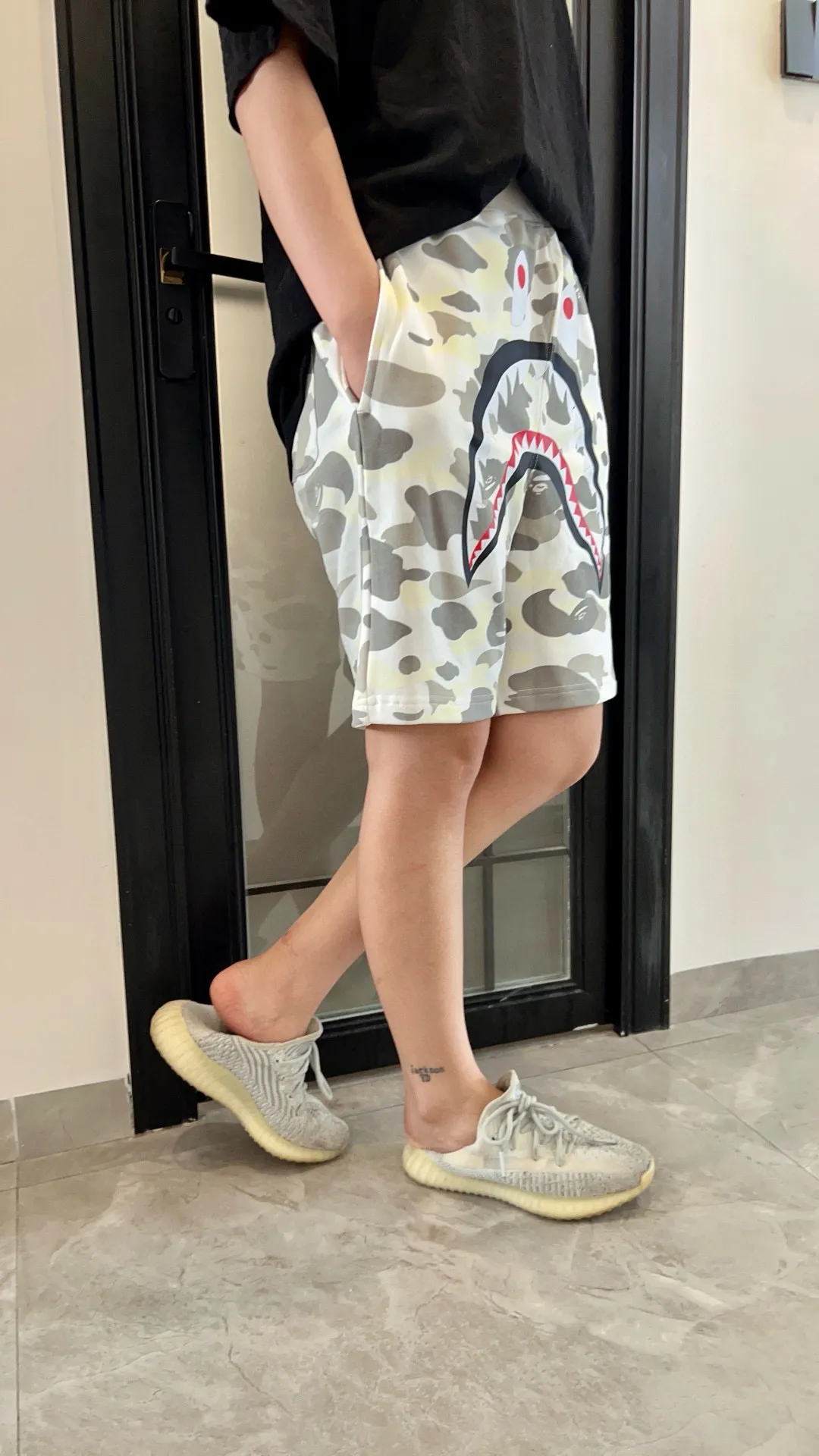 💰200 BAPE luminous camouflage shark print shorts 340g pure cotton custom fabric ZP version Couple style: M-XXL [grey white]