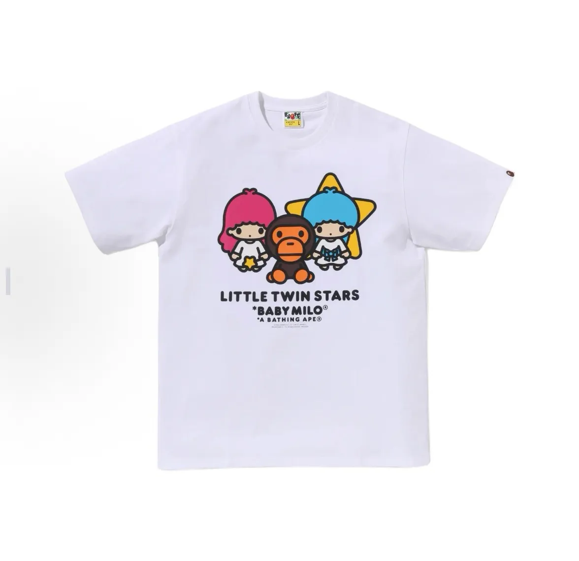 P110 00130 BAPE x Sanrio/Sanrio joint model FW24 LITTLE TWIN STARS twin star pattern printed logo round neck short-sleeved T-shirt, same style for men and women, size smlxlxxl, white