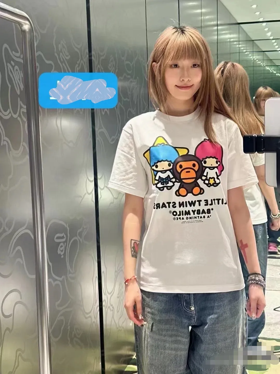 P110 00130 BAPE x Sanrio/Sanrio joint model FW24 LITTLE TWIN STARS twin star pattern printed logo round neck short-sleeved T-shirt, same style for men and women, size smlxlxxl, white