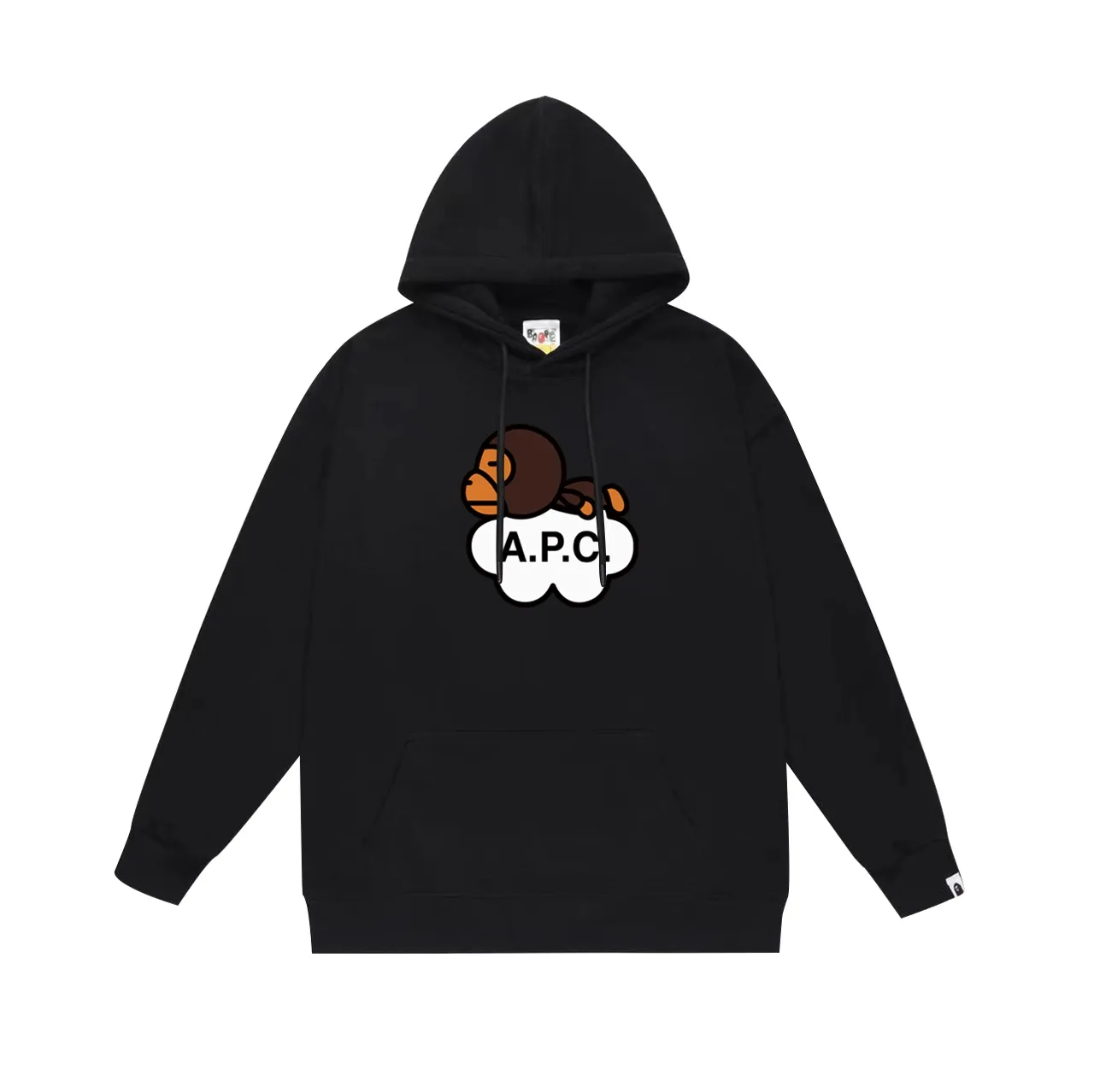 Style No. SC679#terry p160 plus velvet p180💰 (top version) BAPE ✖️A•P•C co-branded cartoon BABY MILO letter printed hooded sweatshirt. Made of 380g large terry 430g silver fox velvet (drop shoulder large version) fabric. The texture is soft and non-pilling. Imported environmentally friendly printing glue. The pattern is bright and three-dimensional. Quality💥Same style for men and women. The upper body is trendy. Color: black white gray Size: S M L XL XXL