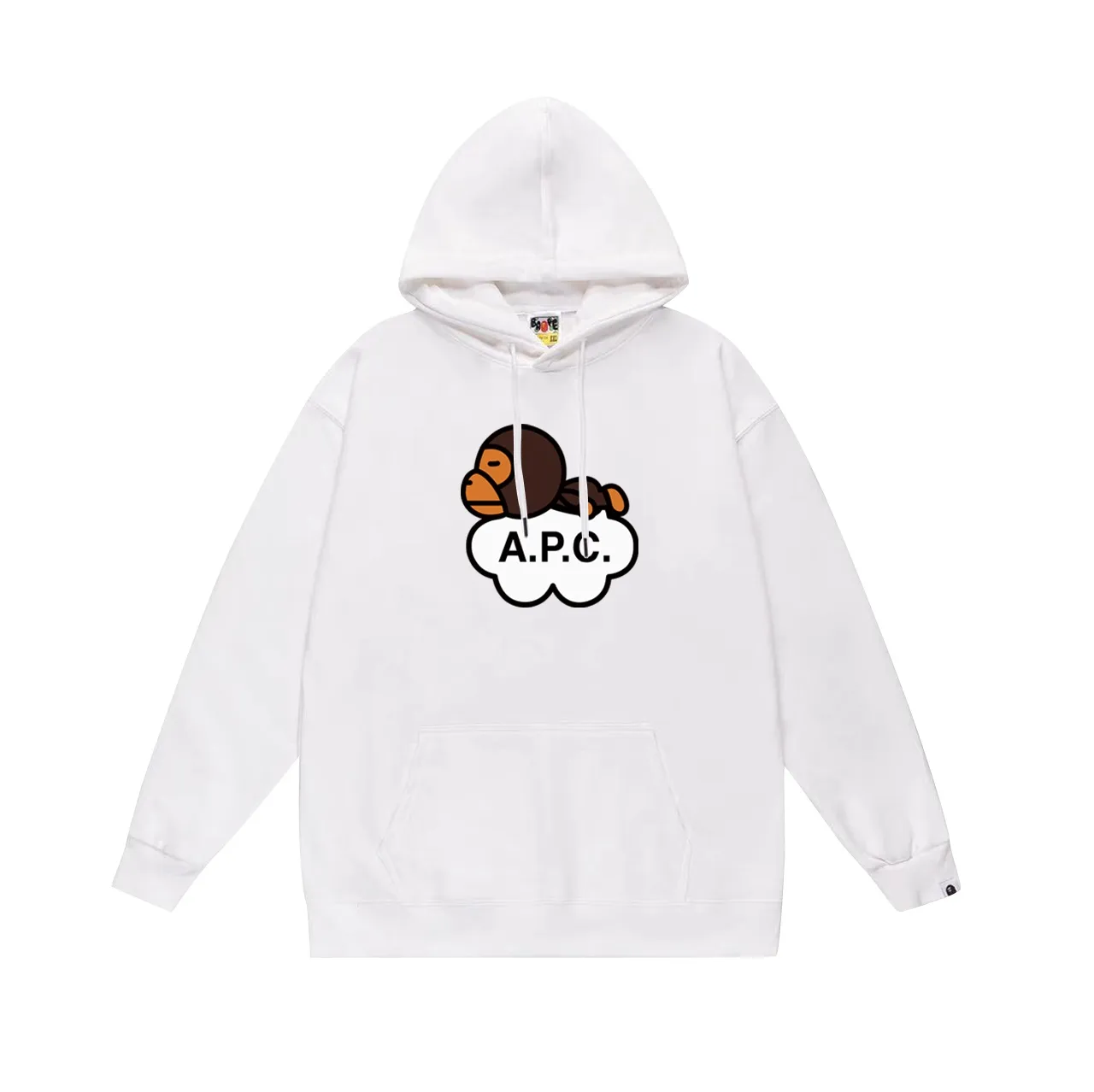 Style No. SC679#terry p160 plus velvet p180💰 (top version) BAPE ✖️A•P•C co-branded cartoon BABY MILO letter printed hooded sweatshirt. Made of 380g large terry 430g silver fox velvet (drop shoulder large version) fabric. The texture is soft and non-pilling. Imported environmentally friendly printing glue. The pattern is bright and three-dimensional. Quality💥Same style for men and women. The upper body is trendy. Color: black white gray Size: S M L XL XXL
