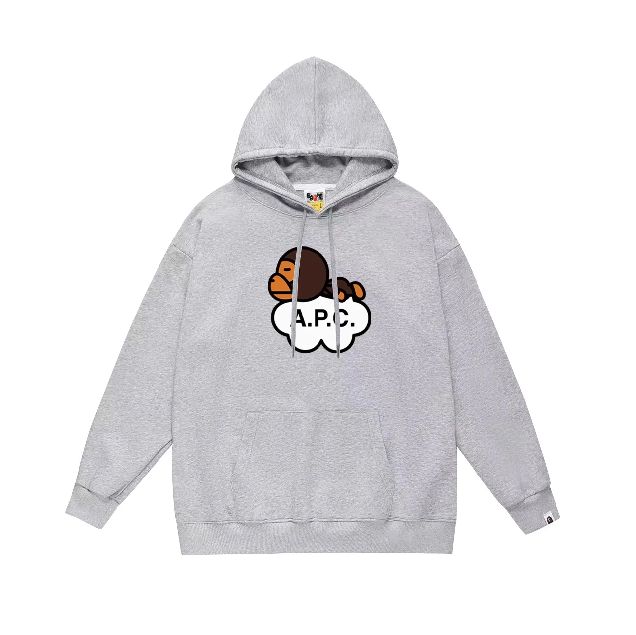 Style No. SC679#terry p160 plus velvet p180💰 (top version) BAPE ✖️A•P•C co-branded cartoon BABY MILO letter printed hooded sweatshirt. Made of 380g large terry 430g silver fox velvet (drop shoulder large version) fabric. The texture is soft and non-pilling. Imported environmentally friendly printing glue. The pattern is bright and three-dimensional. Quality💥Same style for men and women. The upper body is trendy. Color: black white gray Size: S M L XL XXL