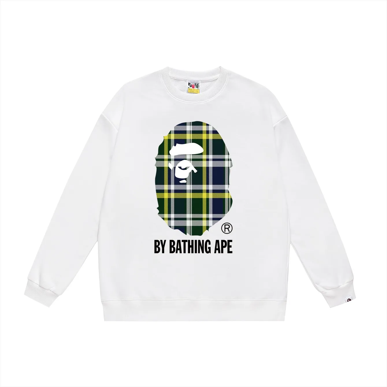 P150 model number SC450# terry 75 plus velvet 80 (top version) BAPE plaid ape head letter print pattern round neck sweatshirt Made of 350g large terry (drop shoulder large version) fabric, soft and non-pilling texture, imported environmentally friendly printing glue, bright and three-dimensional pattern, quality 💥Same style for men and women. The upper body is trendy. Color: black green, white green, gray green, black red, white red, gray red Size: S M L XL XXL