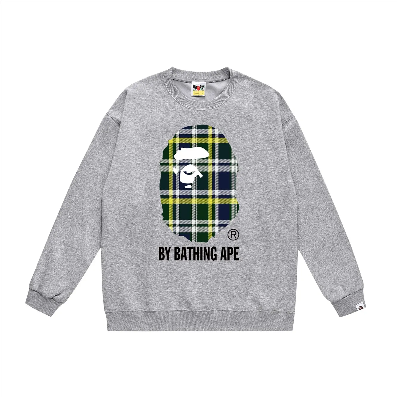 P150 model number SC450# terry 75 plus velvet 80 (top version) BAPE plaid ape head letter print pattern round neck sweatshirt Made of 350g large terry (drop shoulder large version) fabric, soft and non-pilling texture, imported environmentally friendly printing glue, bright and three-dimensional pattern, quality 💥Same style for men and women. The upper body is trendy. Color: black green, white green, gray green, black red, white red, gray red Size: S M L XL XXL