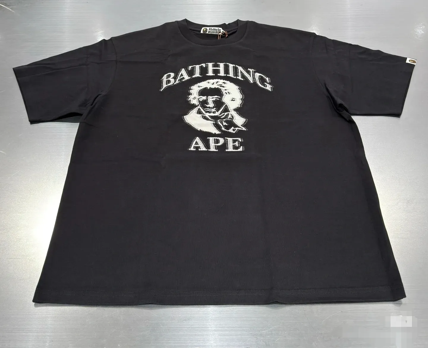 P110 001110 BAPE SS25 Beethoven portrait round neck short-sleeved T-shirt, same style for men and women, size smlxlxxl, black and white