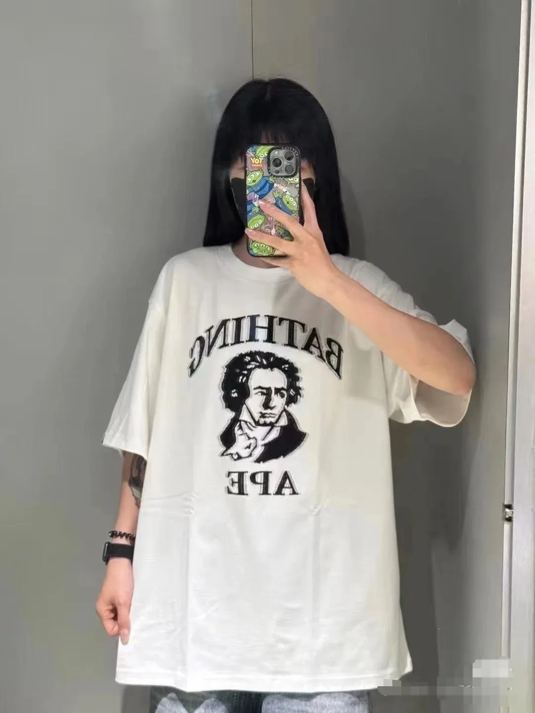 P110 001110 BAPE SS25 Beethoven portrait round neck short-sleeved T-shirt, same style for men and women, size smlxlxxl, black and white