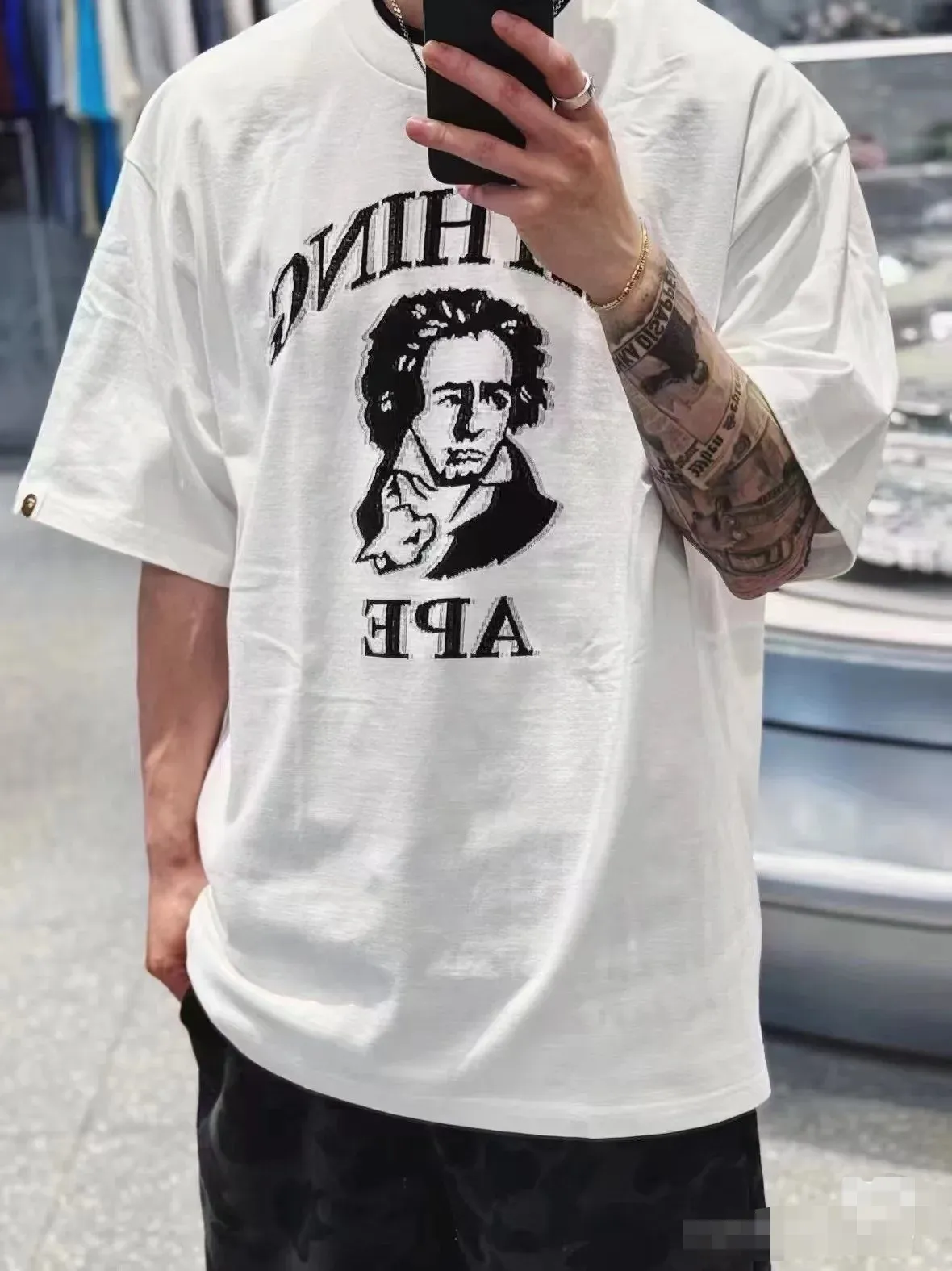 P110 001110 BAPE SS25 Beethoven portrait round neck short-sleeved T-shirt, same style for men and women, size smlxlxxl, black and white