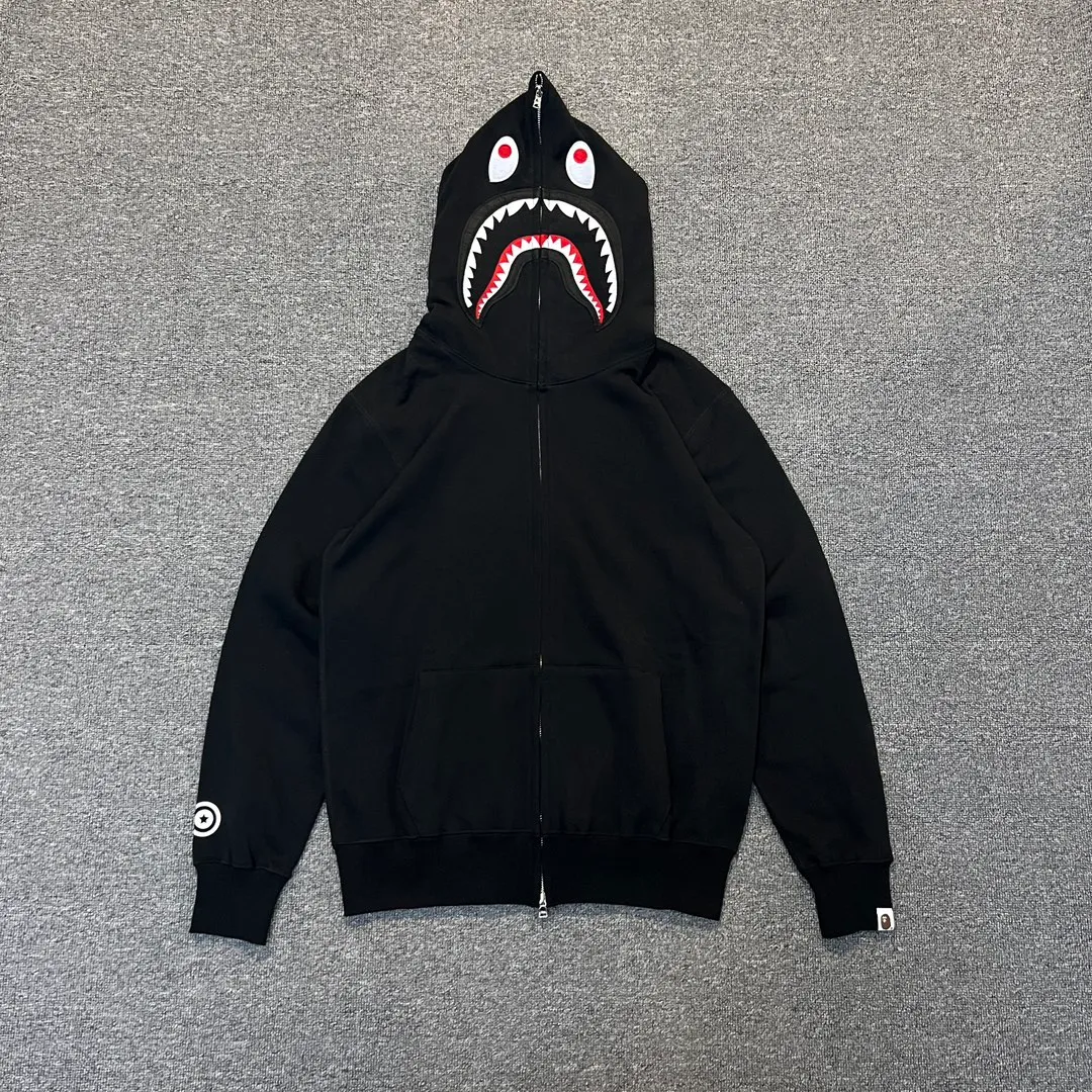 💰380 BAPE SHARK FULL ZIP solid color embroidered shark zipper sweatshirt jacket ZP version correct version 980g weight pure cotton custom fabric Couple style: S—XXL [black gray]