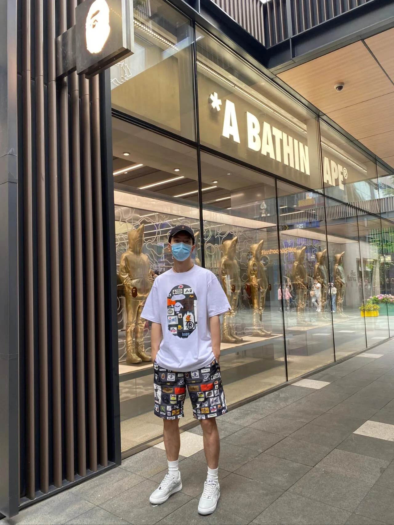 💰140 BAPE ape head letter pattern label double-sided printing 270g weight linen cotton fabric ZP version Couple style: S-XXL [black white]