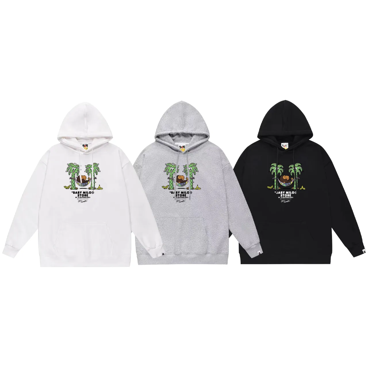 P160 model number SC790# terry 80 plus velvet 90 (top version) BAPE lazy monkey cartoon animation pattern printed hooded sweatshirt. Made of 380 grams of large terry (drop shoulder large version) fabric. The texture is soft and non-pilling. Imported environmentally friendly printing glue. The pattern is bright and three-dimensional. Quality💥Same style for men and women. The upper body is trendy. Color: black white gray Size: S M L XL XXL