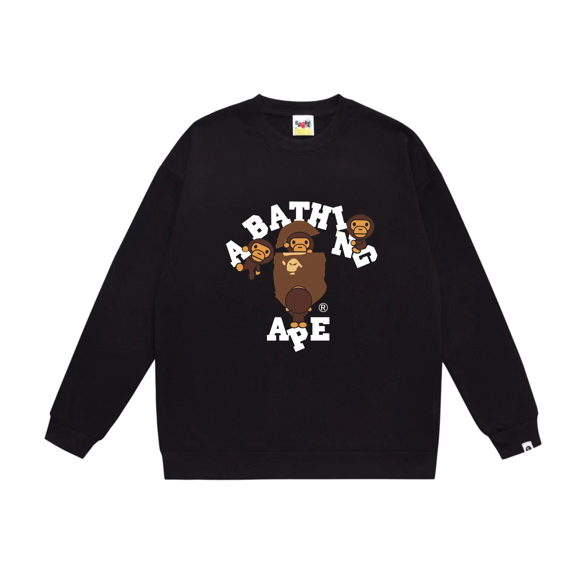 P150 model number SC539# terry 75 plus velvet 80 (top version) BAPE cartoon BABY MILO ape head letter printed round neck sweatshirt. Made of 350 grams of large terry (drop shoulder large version) fabric. The texture is soft and non-pilling. Imported environmentally friendly printing glue. The pattern is bright and three-dimensional. Quality 💥Same style for men and women. The upper body is trendy. Color: black white gray Size: S M L XL XXL