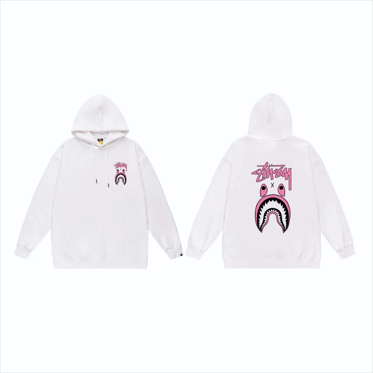 P160 model number SC804# terry 80 plus velvet 90 (top version) BAPE×STUSSY co-branded Stussy letter printed hooded sweatshirt Made of 380g large terry (drop shoulder large version) fabric, soft texture and no pilling Imported environmentally friendly printing glue The pattern is bright and three-dimensional Quality 💥Same style for men and women The upper body is trendy Color: black white gray Size: S M L XL XXL