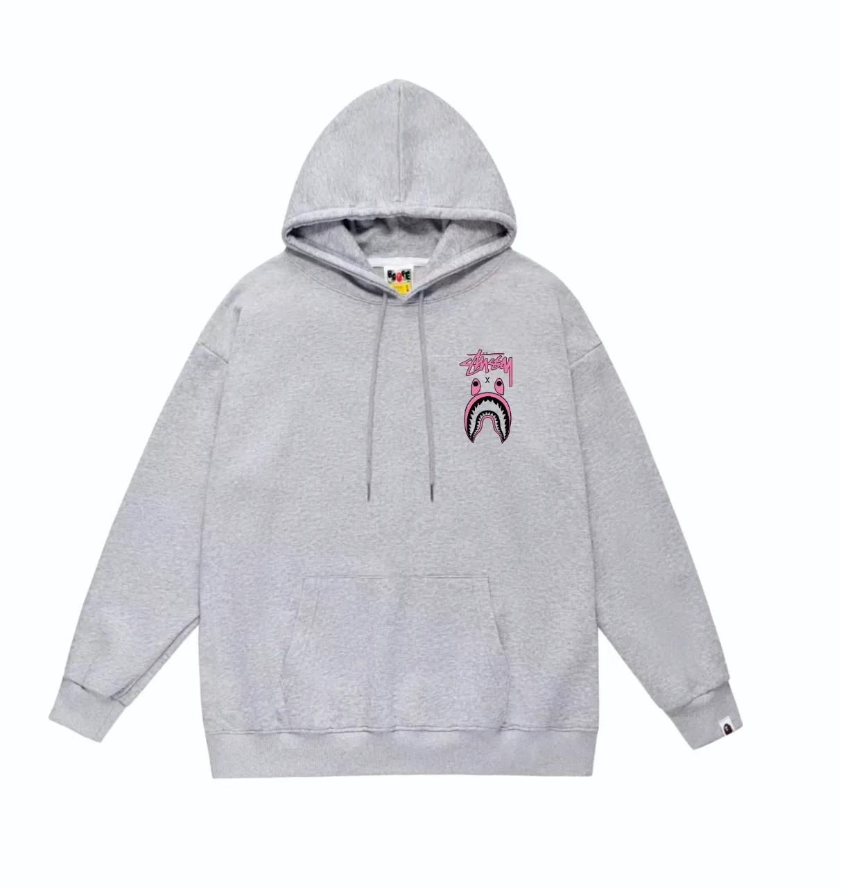 P160 model number SC804# terry 80 plus velvet 90 (top version) BAPE×STUSSY co-branded Stussy letter printed hooded sweatshirt Made of 380g large terry (drop shoulder large version) fabric, soft texture and no pilling Imported environmentally friendly printing glue The pattern is bright and three-dimensional Quality 💥Same style for men and women The upper body is trendy Color: black white gray Size: S M L XL XXL