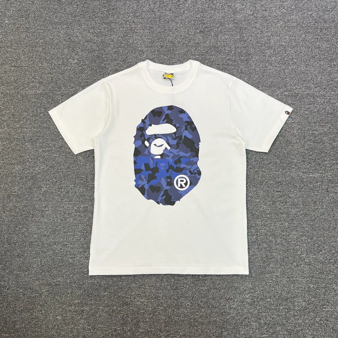 💰140 BAPE letter desert camouflage ape head double-sided printed short-sleeved T-shirt 270g weight linen cotton fabric Couple style: S-XXL [Black apricot, white apricot, black blue, white blue]