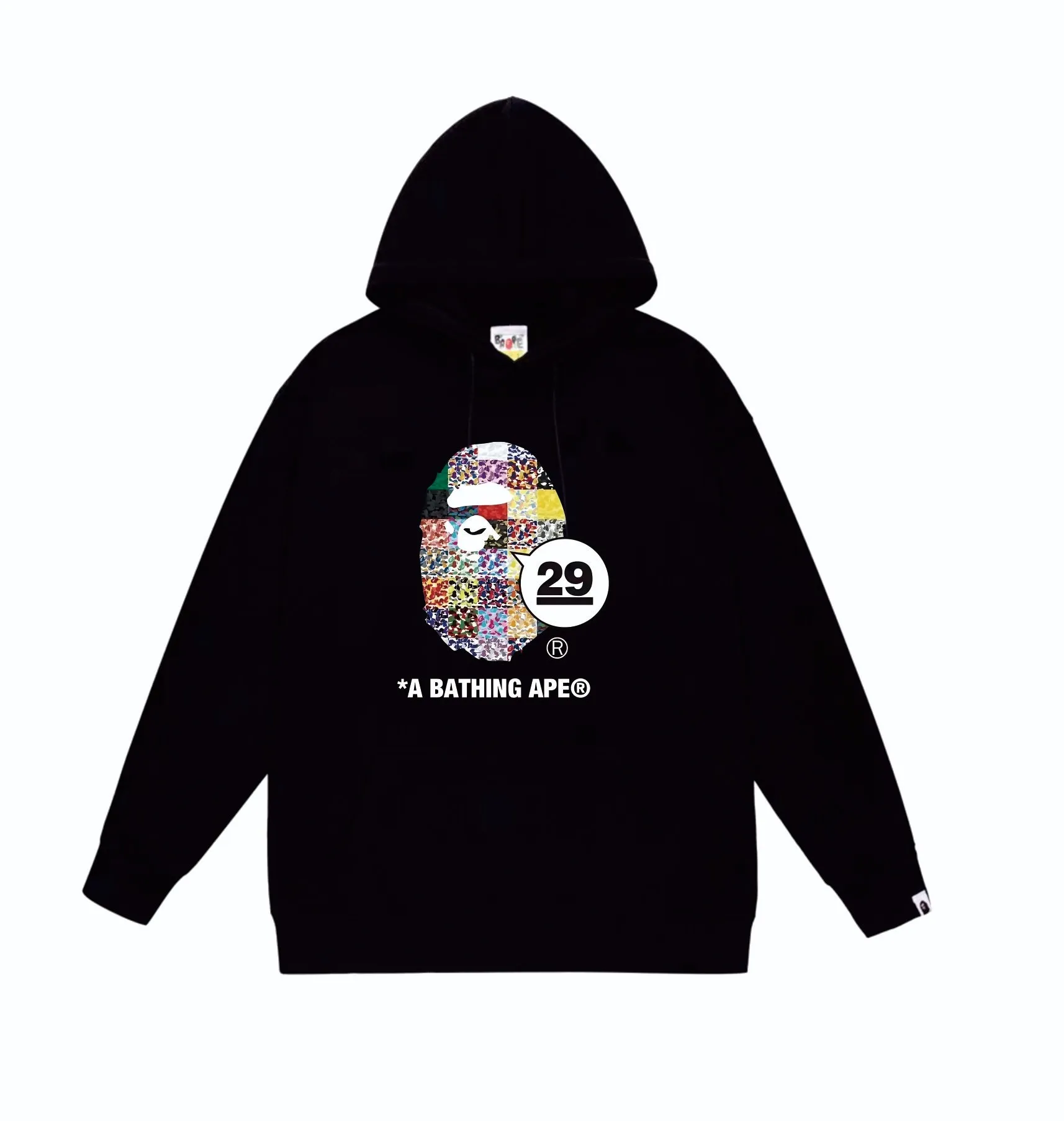 P160 model number SC827# terry 80 plus velvet 90 (top version) BAPE 29th Anniversary Ape Head Tee digital printed pattern hooded sweatshirt Made of 380g large terry (drop shoulder large version) fabric, soft and non-pilling, imported environmentally friendly printing glue, bright and three-dimensional pattern, quality 💥Same style for men and women, the upper body is fashionable Color: Black White Gray Size: S M L XL XXL